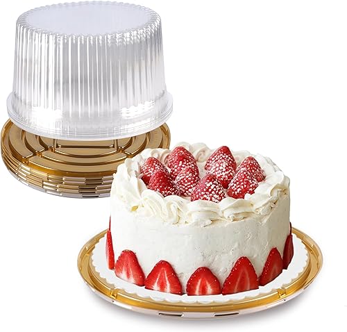 Contenedores de plástico para tartas de 10 pulgadas, recipientes dorados para tartas con tapa y tablas de pastel blancas, soporte transparente para