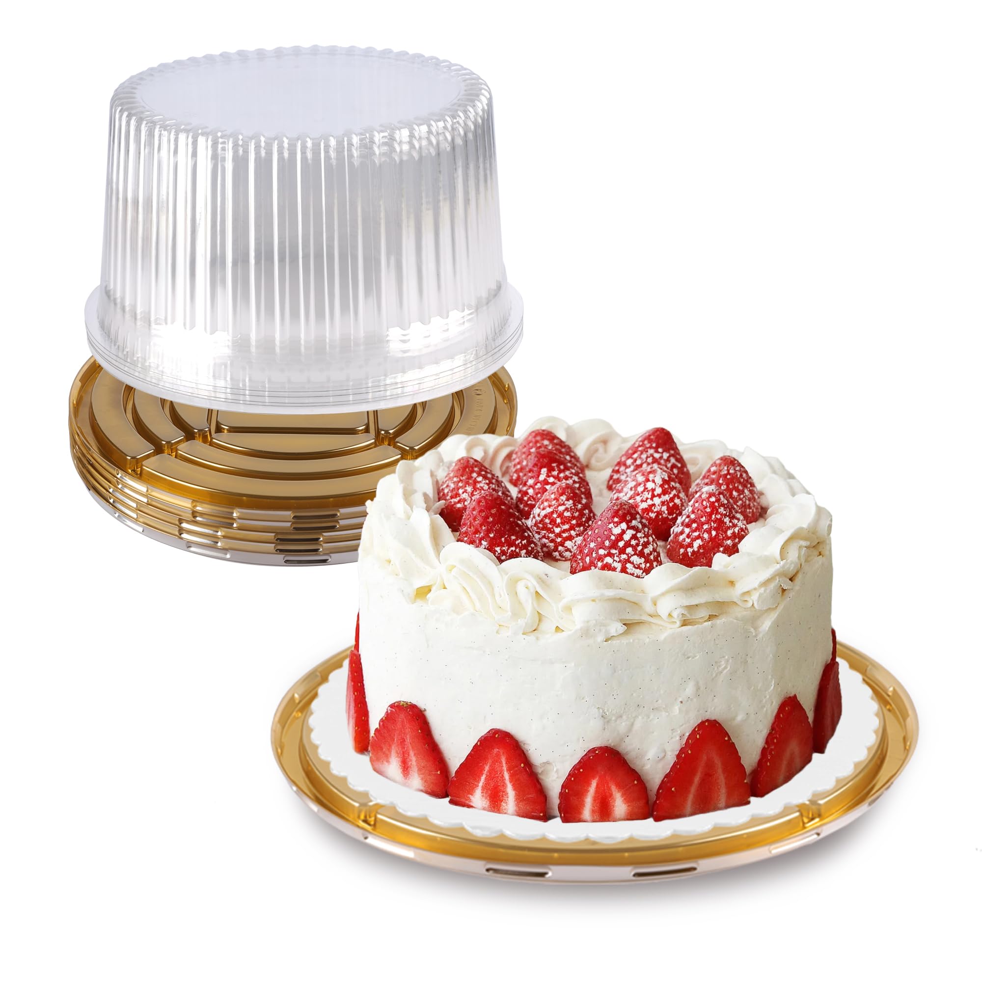 10 Inch Plastic Cake Carriers Gold Cake Containers with Lid and White Cake Boards, Clear Cupcake Holder for 1-2 Layer Cheesecake, Bundt Cake Pie Bakery Supplies(5 Pack)
