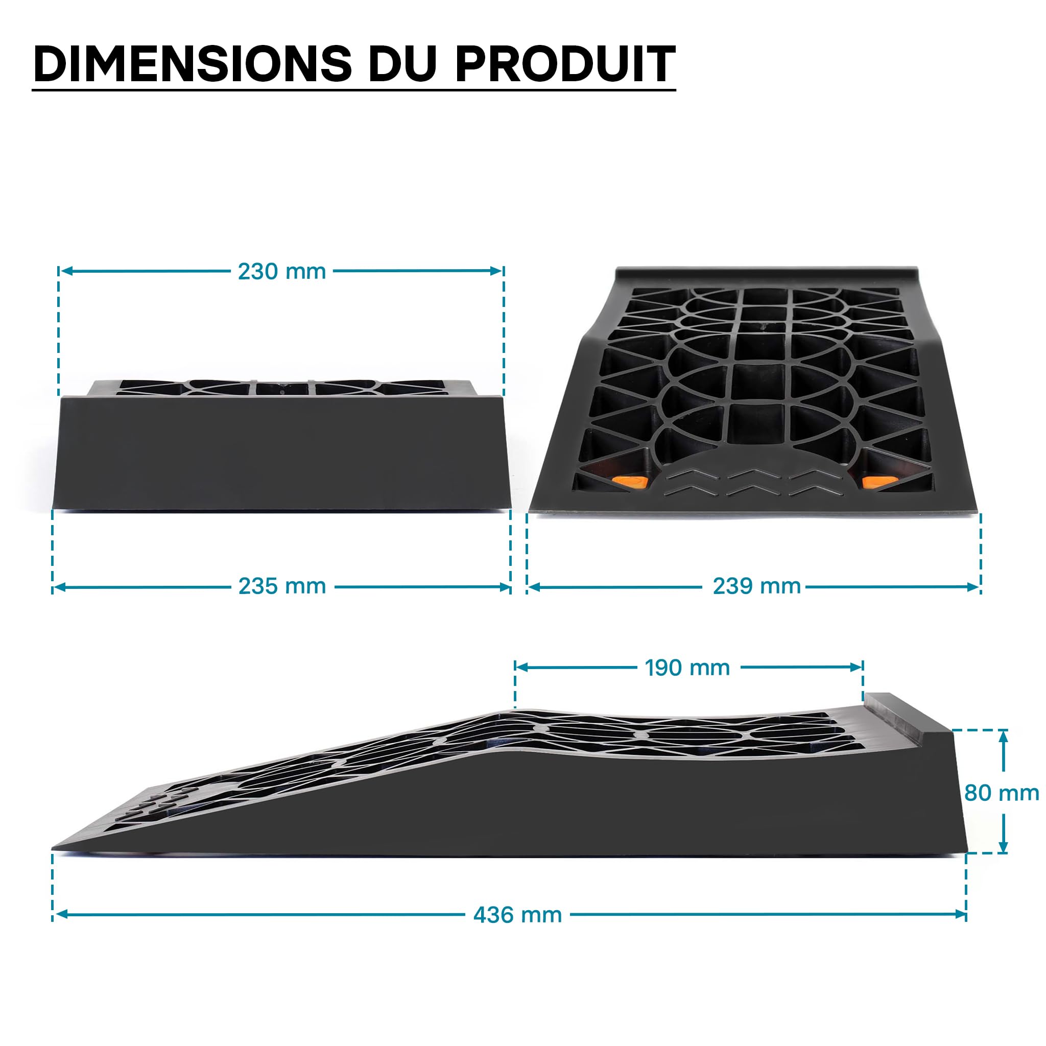 Wiltec Lot de 2 rampes voiture d’accès extra plates – 430 x 235 x 80 mm – en PP robuste – capacité max. 3 t – Cales de roue véhicule chargement accès Caravane Camping car Remorque