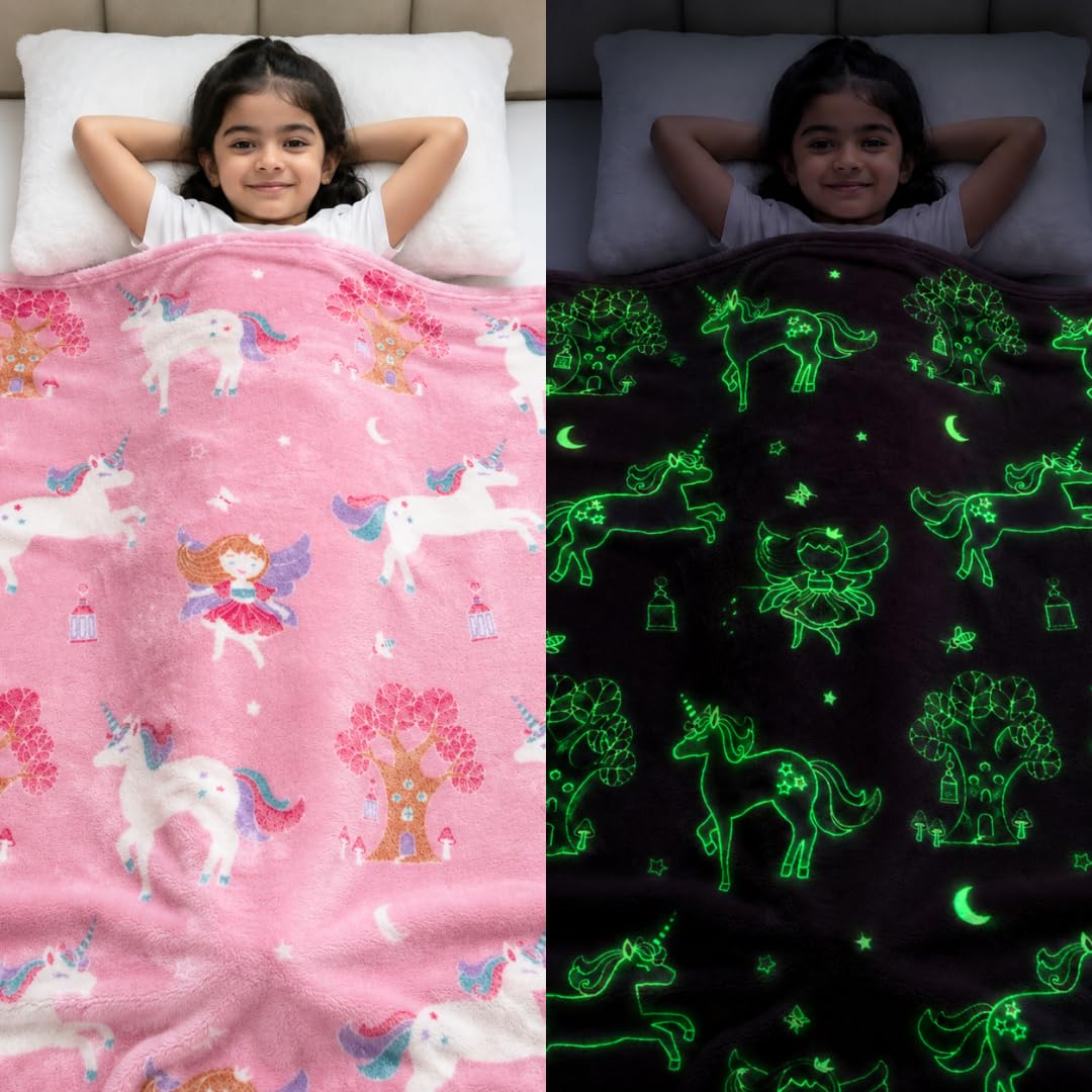 Famyo® Glow in The Dark Blanket for Kids, 0-15 Years |200x152 Cm| Soft Flannel Fleece Throw, Cozy & Warm All-Season Radium Blanket, Ideal Gift for Boys & Girls (Queen Size) (Pink)