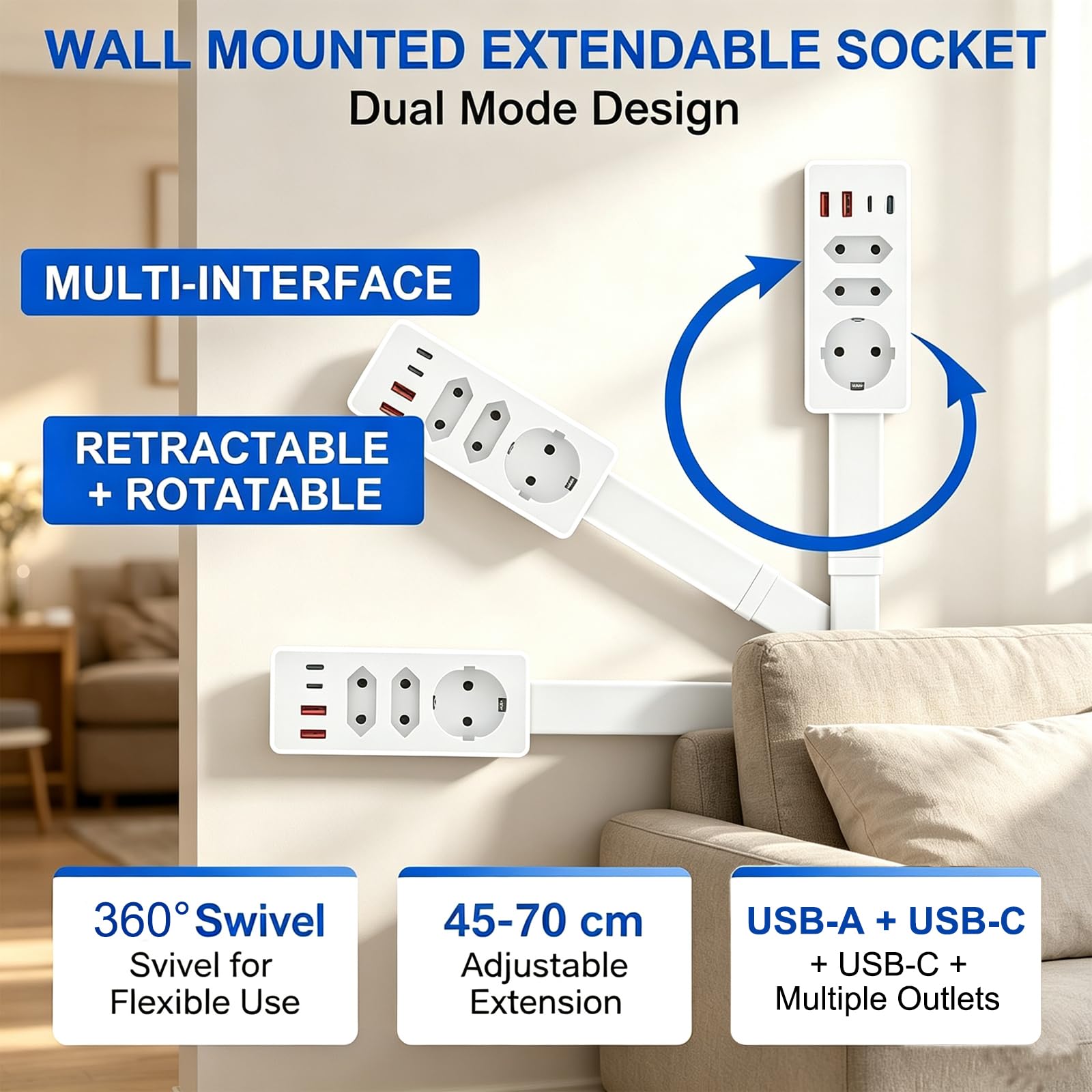 Prolunga estensibile (47-67 cm), con funzione girevole, 3 prese + 2 USB-A + 2 USB-C, orientabile a 360°, per soggiorno, scrivania, camera da letto