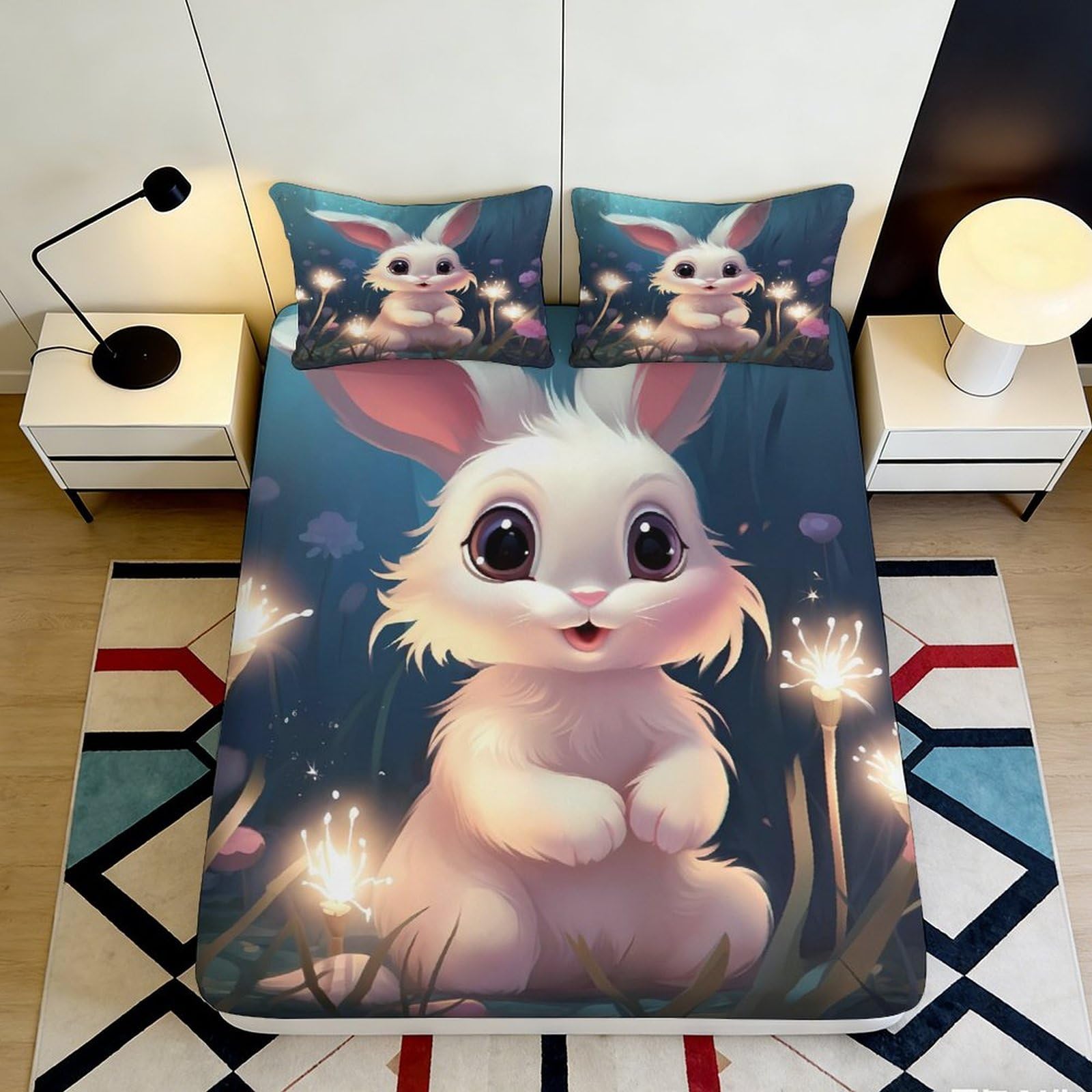 3D Printed Cute Bunny Fitted Sheet Microfiber Deep Pocket Non-Slip Bunny Mattress Fitted Cover Full Wrap for Bedroom 180x200x25cm