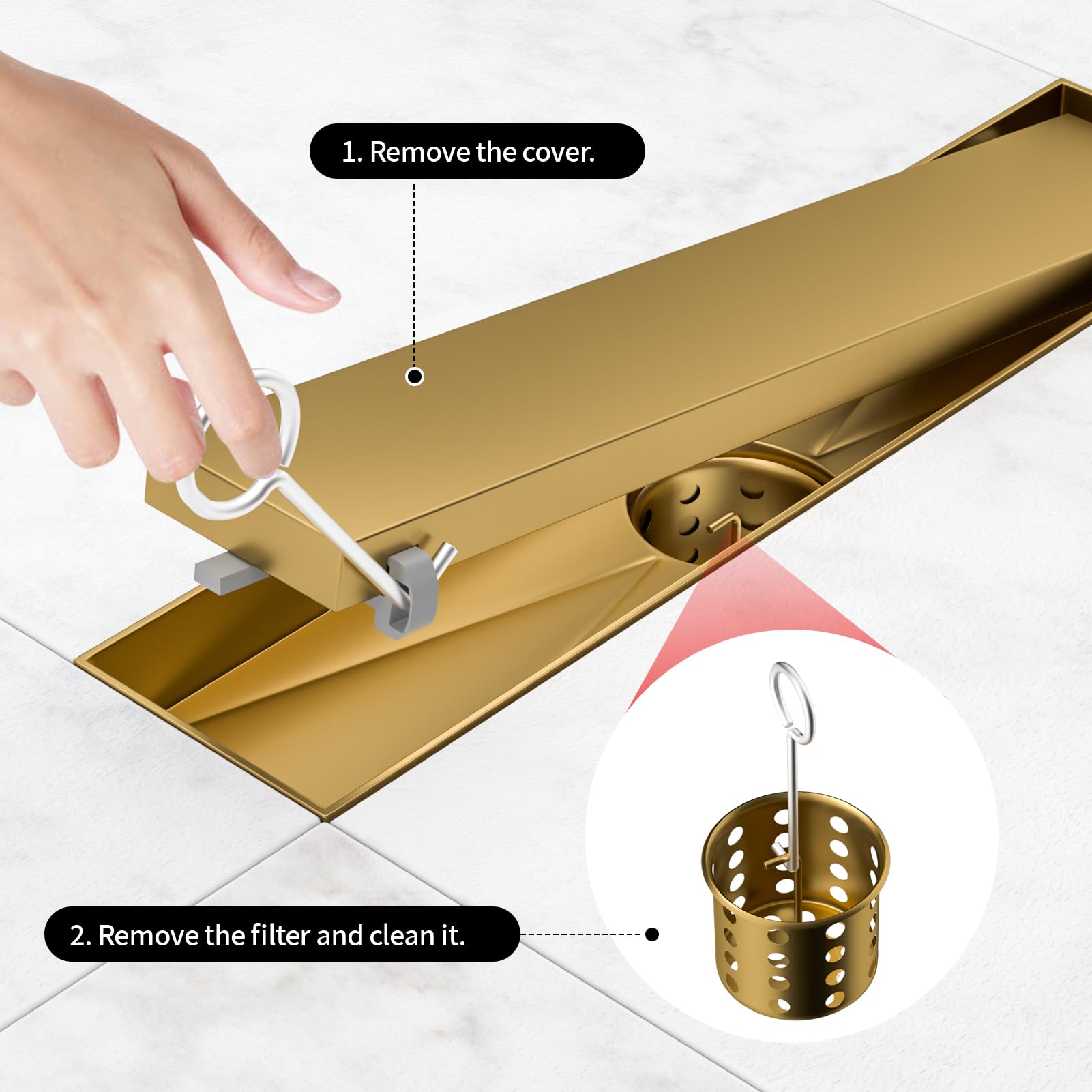 Drenaje de ducha lineal para piso, cubierta plana y de azulejos 2 en 1, desagüe de baño de acero inoxidable cepillado con recogedor de pelo y patas ajustables de 12 pulgadas