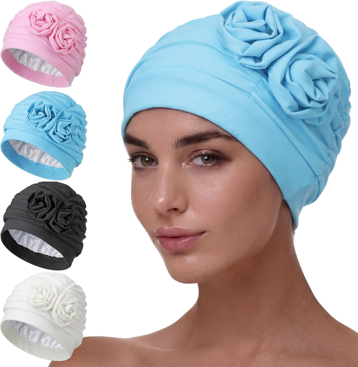 Soulchen 4 Pack Swim Caps for Women Elastic Bathing Cap Full Coverage Swimming Turban for Long Hair Care Ear Protection, Pool, Beach, Water Sports, Spa, Supplies