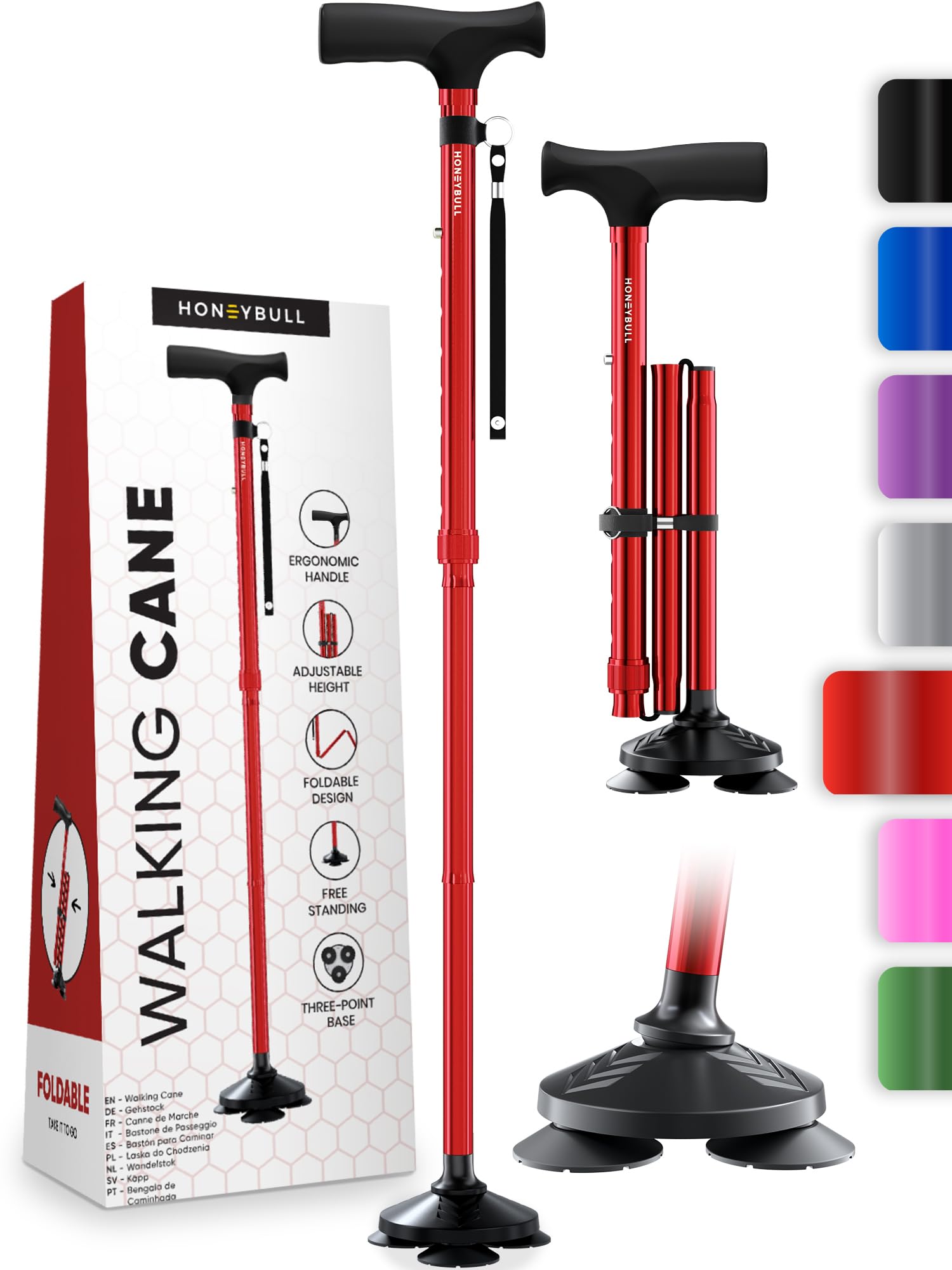 HONEYBULL Walking Cane for Men & Women - Foldable, Adjustable, Collapsible, Free Standing Cane, Pivot Tip, Heavy Duty | Walking Sticks, Folding Canes for Seniors & Adults [Red]