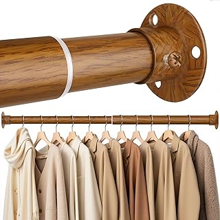 Closet Rods for Hanging Clothes, 17-28 Inch Heavy Duty and Stepless Adjustable Closet Poles, Stainless Steel Closet Hanging Rod for Wardrobes, Laundry Room, Bathroom, RV (Wood-Grain Finish)