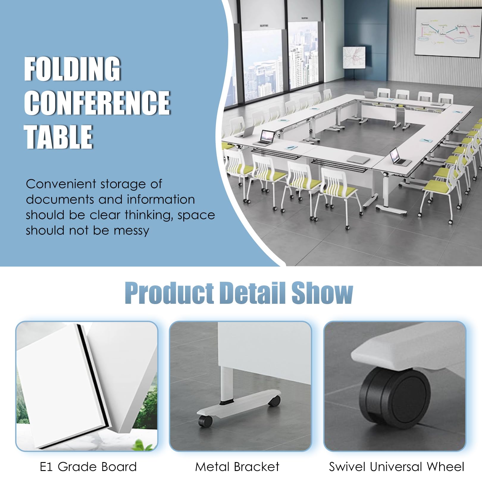 Tragbarer, klappbarer Konferenztisch, weiß, mit leisen Rollen, ideal für Büroseminare, Meetings und vielseitige Nutzung. Platzsparendes Design.