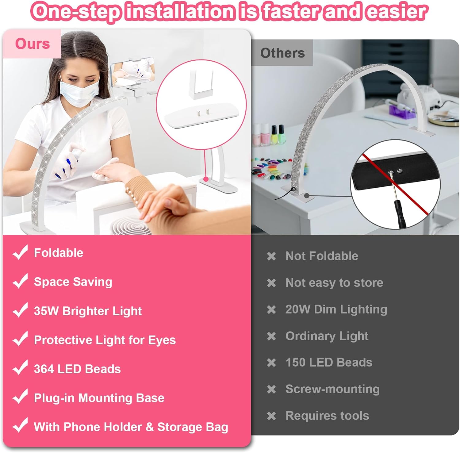 Upgraded Half Moon Light with Phone Holder, 29in Foldable Half Moon Light for Nail Desk, Nail Table Lamp with Stepless Dimming & Color Temperature (Large-29In)