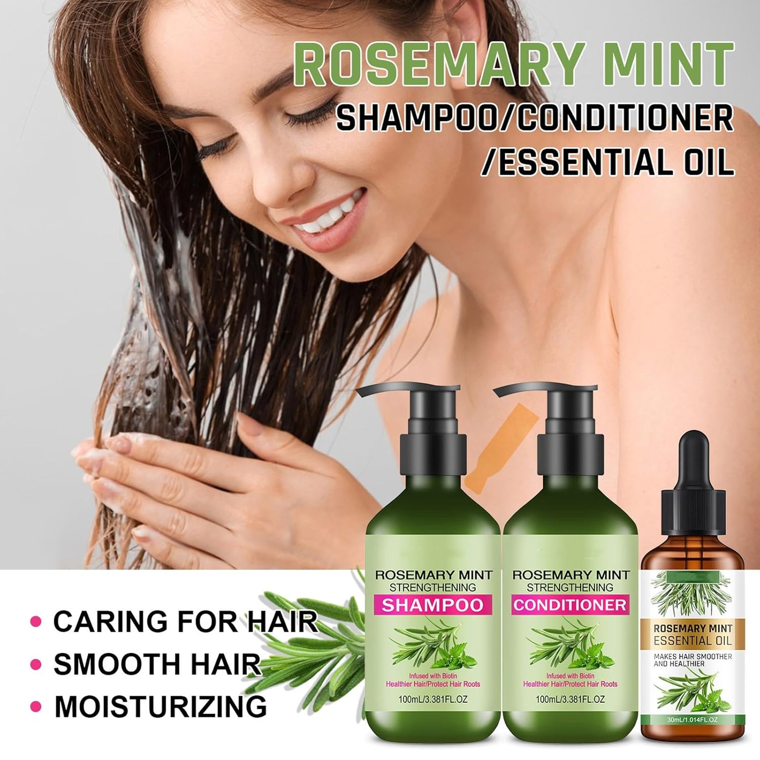 Rosemary Mint Strengthening Shampoo and Conditioner with Hair Oil, Rosemary Hair Treatment Set For Strengthens Hair, Nourish & Smooth for Thin Hair, Reduce Frizz and Hair Loss, Add Shine - Image 2