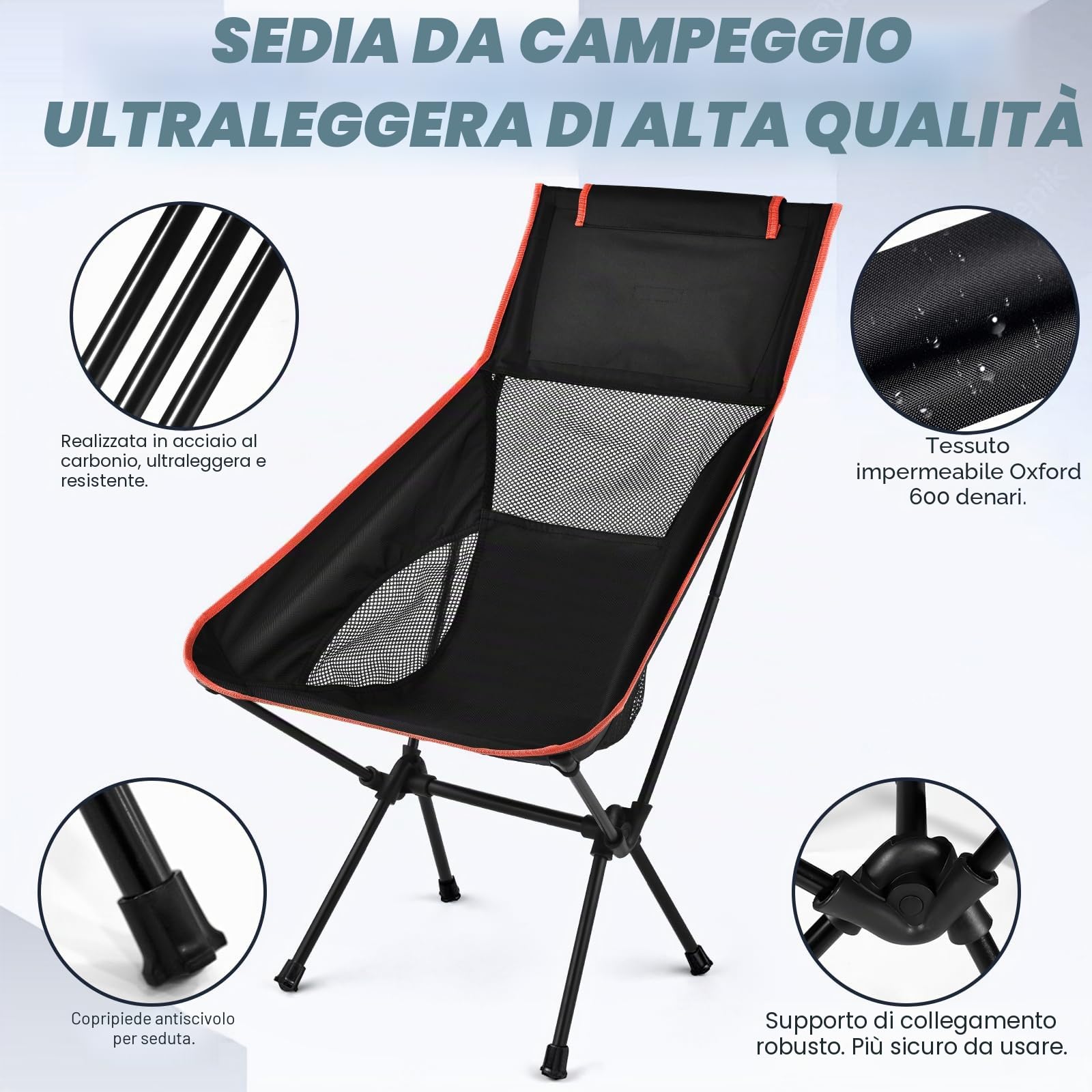 Sedia da Campeggio Pieghevole, Portatile Sedia Pieghevole Ultraleggera con Borsa da Trasporto, Max Portata 150 kg, Sedie Campeggio per Esterni, Giardino, Spiaggia, Pesca (Nero)