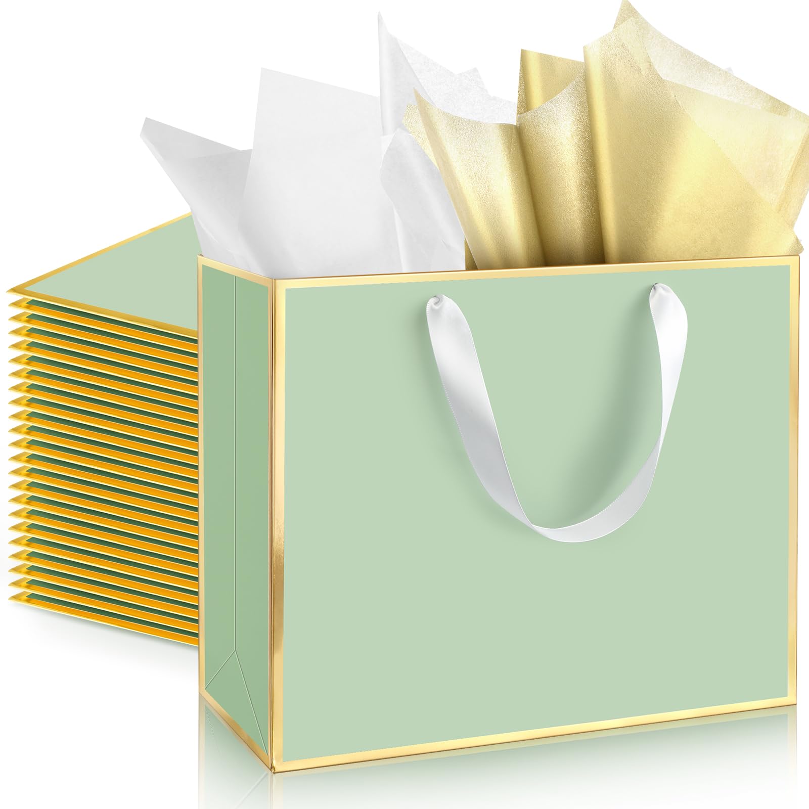 ReliThick 12 Pack Paper Gift Bags with Handles Tissue,Sage Green, Gold โ image 1