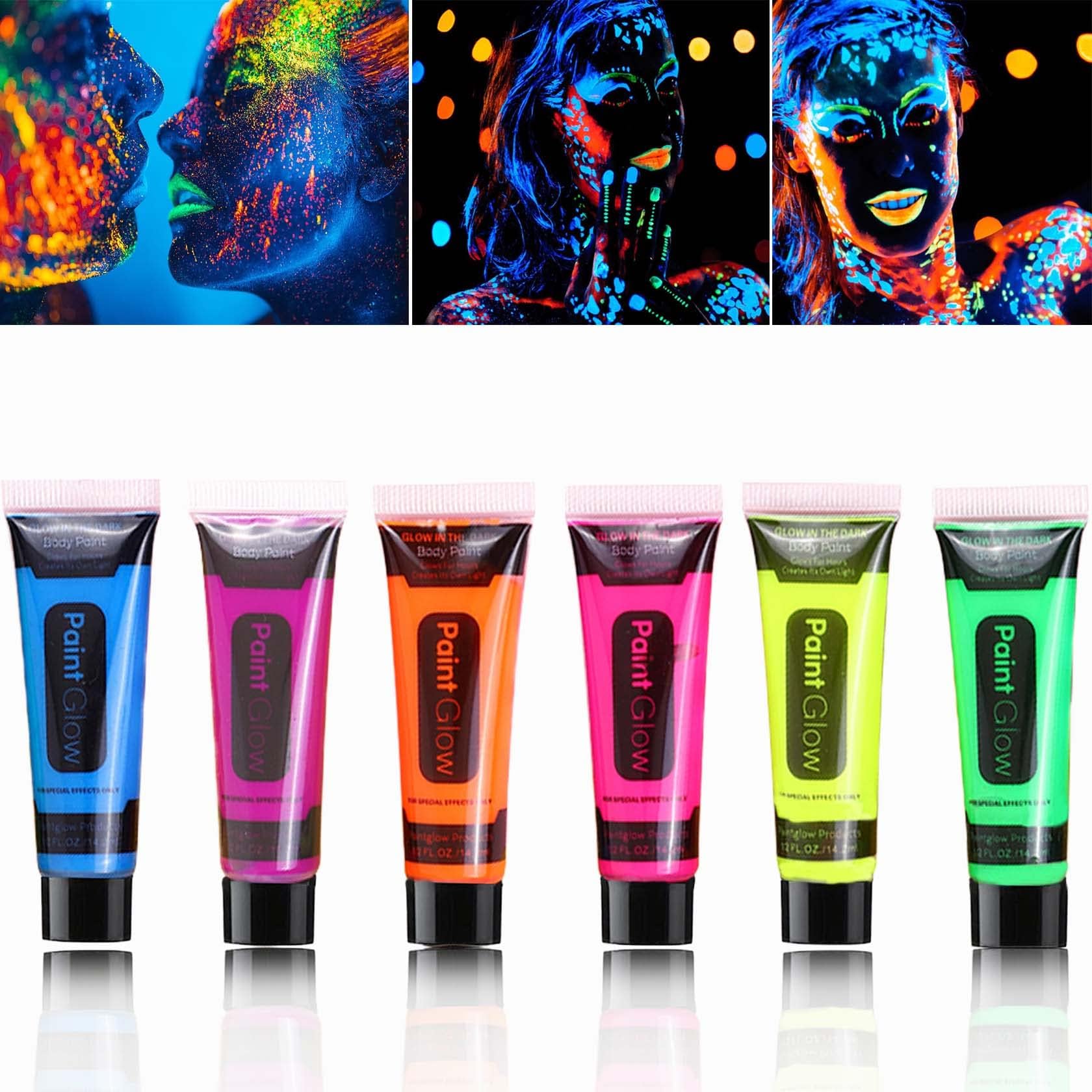 6 Pcs Glow in the Dark Face Body Paint,Blacklight Neon Face & Body Paints,Easily Cleanable Paint Set Neon Makeup Glow in the Dark Party Supplies Multicolor1