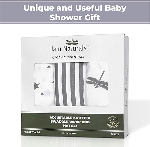 Miniatura 7 de Conjunto de 3 mantas y gorro de velcro ajustable con lazo orgánico anudado en la parte inferior, saco de dormir para recién nacido (0.0-9.8 ft, 7-14