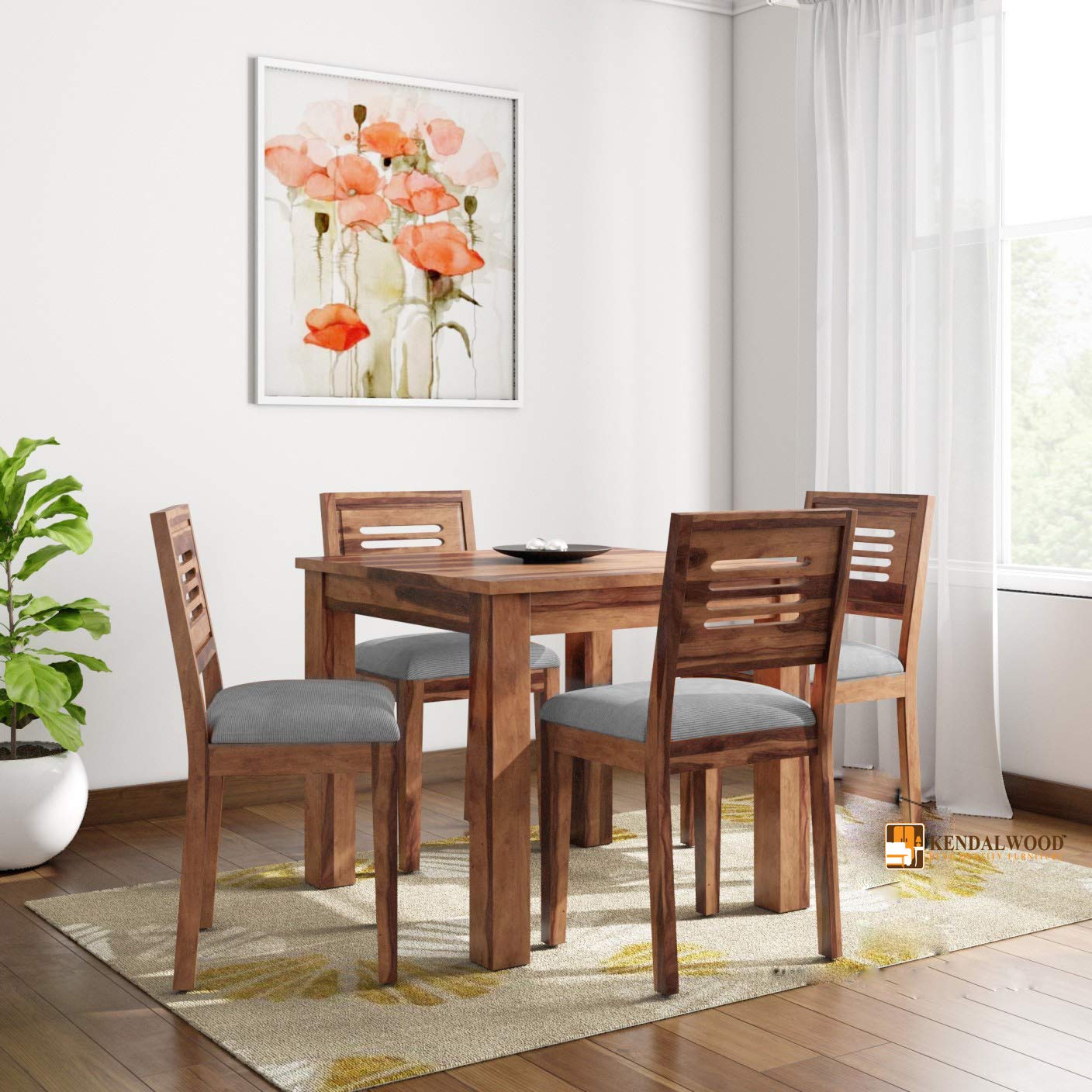 KENDALWOOD Furniture Solid Wood Dining Table with 4 Chairs | 4 Seater Dining Set | 1 Year Warranty | Wooden Dining Table with Chair | Natural Honey Finish with Gray Cushions -DIY(Do-It-Yourself)