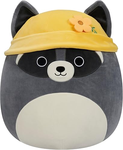 Squishmallows Mapache gris rocoso original de 14 pulgadas con sombrero de cubo amarillo - Peluche grande oficial de Jazwares
