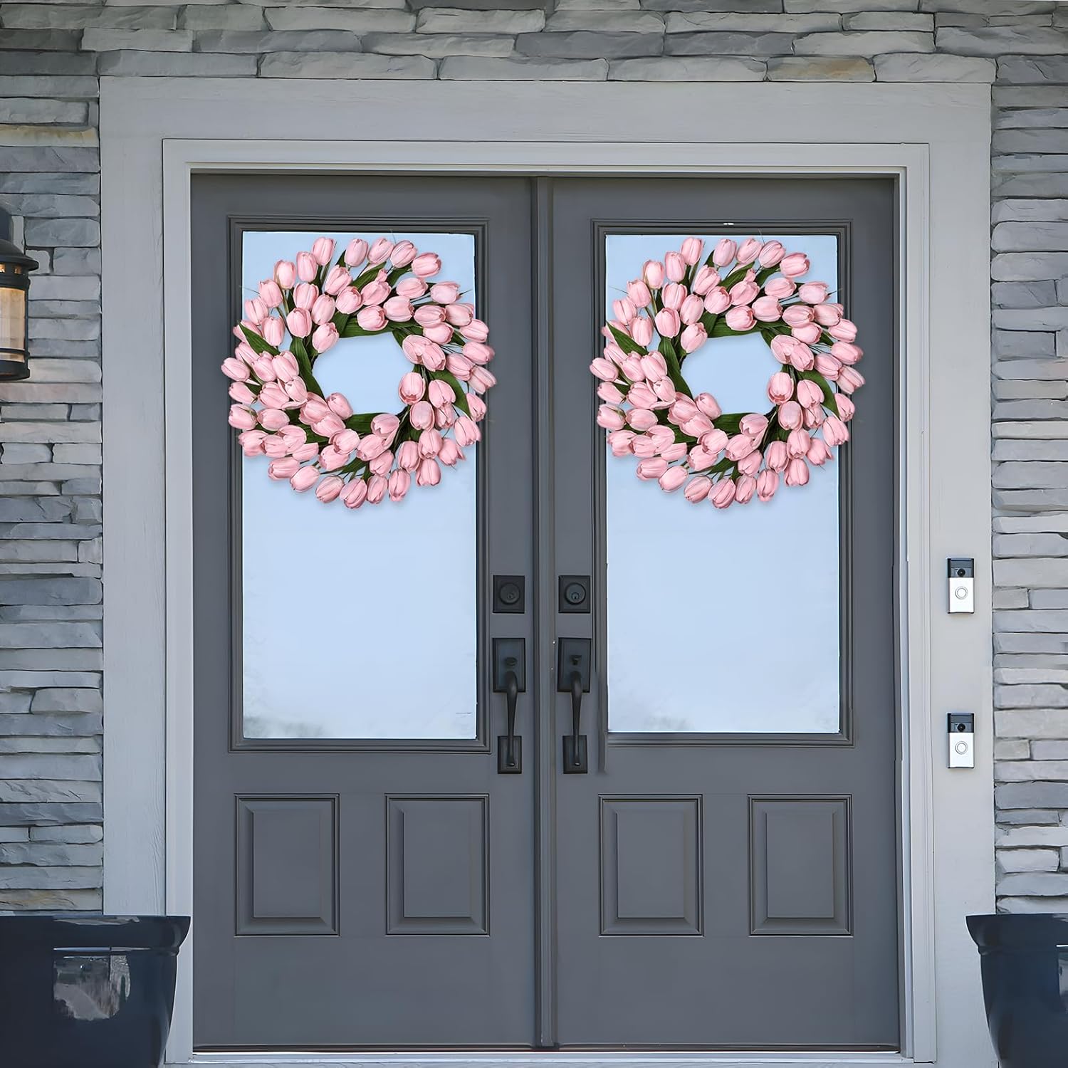 24 Inch Tulip Spring Wreath for Front Door Summer Silk Wreath with Green Leaves Artificial Tulip Flower Wreaths for All Seasons Farmhouse Porch Wall Living Room Home Widding Decor-Pink
