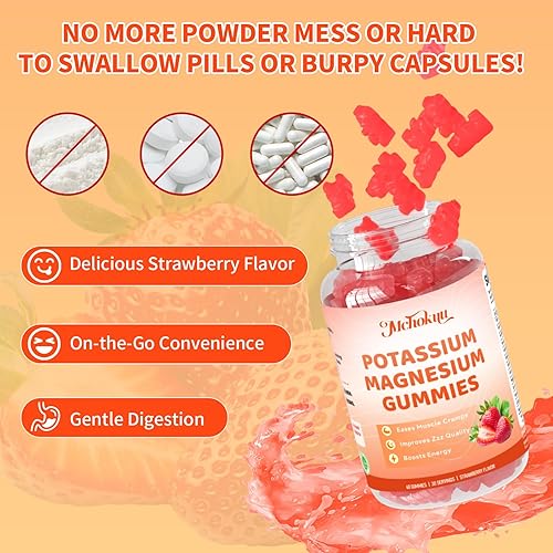 Miniatura 6 de Gomitas de potasio y magnesio, glicinato de magnesio de alta absorción, suplemento de magnesio y potasio con vitamina B6 D3 B12 para calambres en