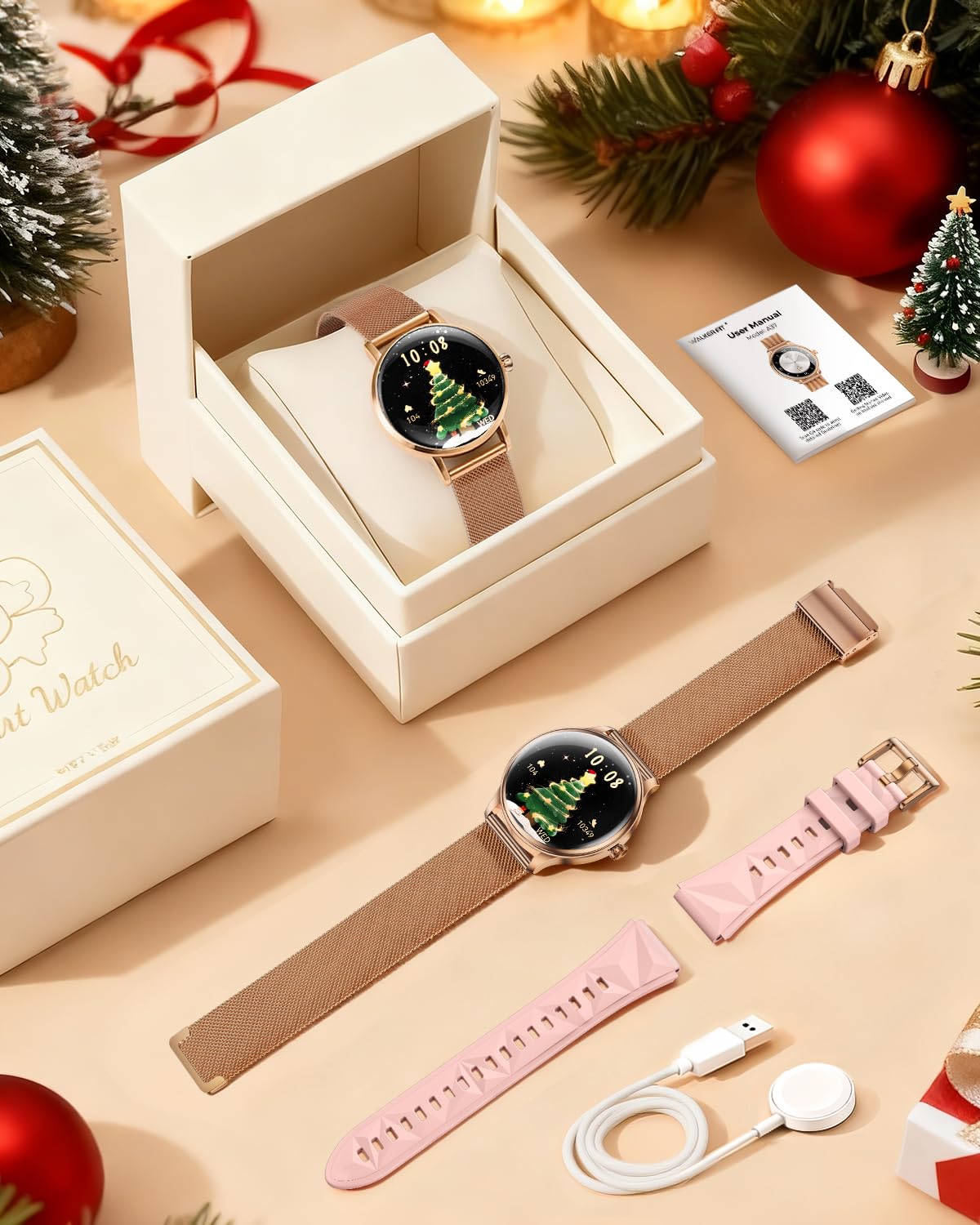 WalkerFit Smartwatch Damen 1,43" AMOLED Bluetooth Anrufe IP68 Fitness Kompatibel iPhone Android Kabelloses Laden wasserdicht Herzfrequenz SpO2 Schlafanalyse 120+ Sportmodi Roségold