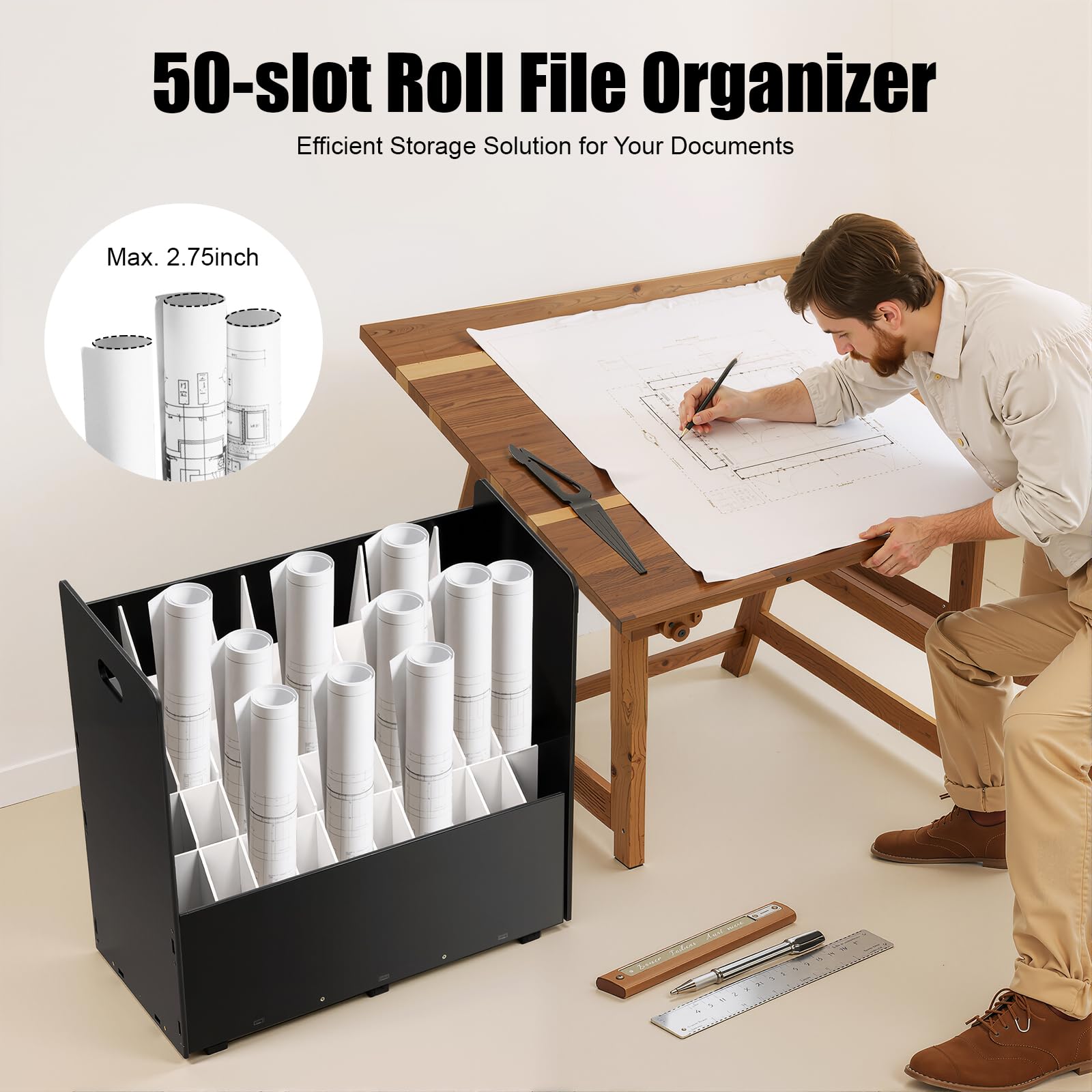 Roll File Organizer, contenitore con 50 scomparti, divisorio rimovibile, sistema di archiviazione a 6 ruote, organizzatore ufficio per scheda architettonica, casa, ufficio, scuola, 76 x 40