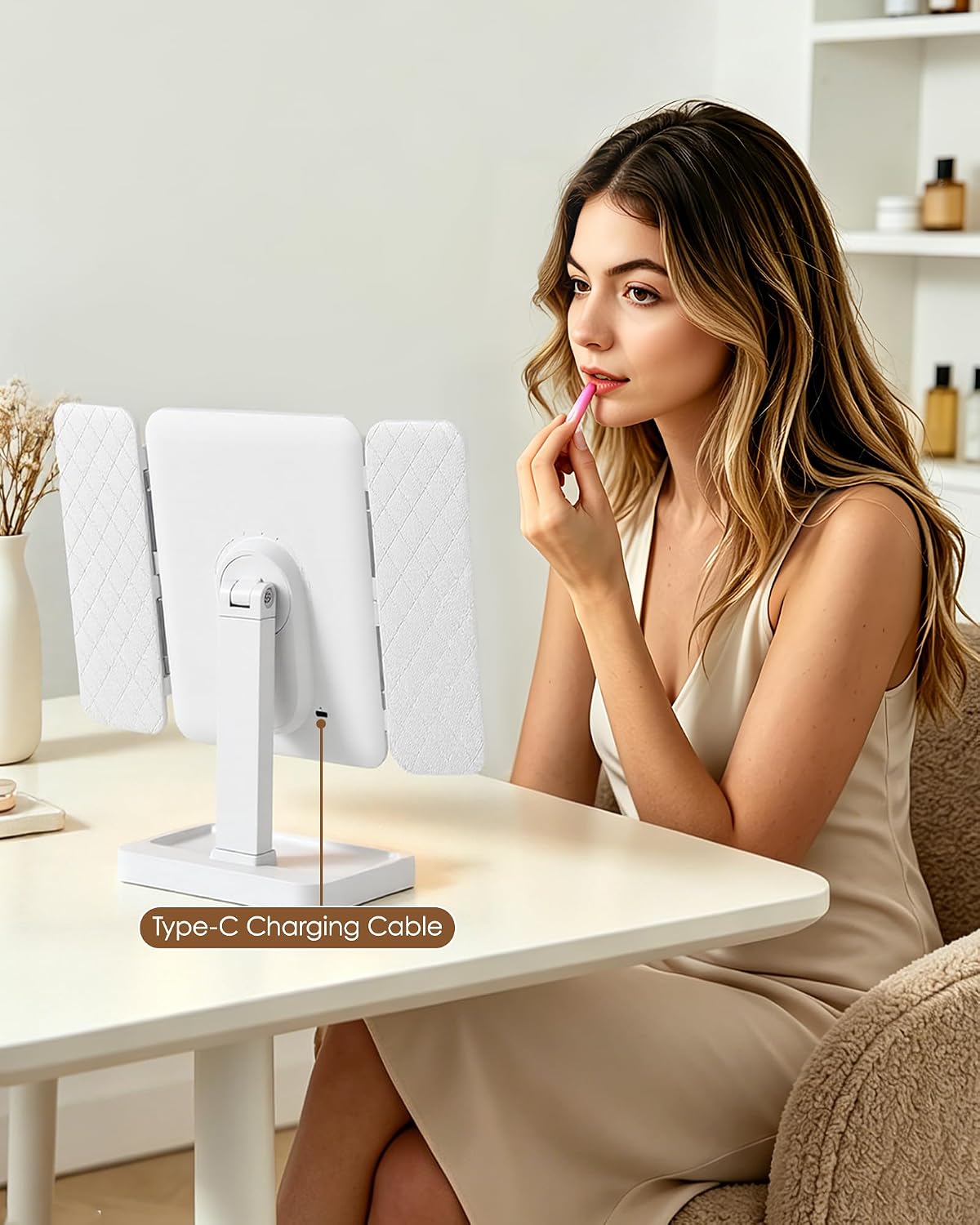 BWLLNI Trifold Vanity Mirror with Lights, Diamond Lattice Makeup Mirror, 2X/3X Magnification, 3 Colors Dimmable, 270° Rotation, Height Adjustable Stand, Storage Base, Present for Women