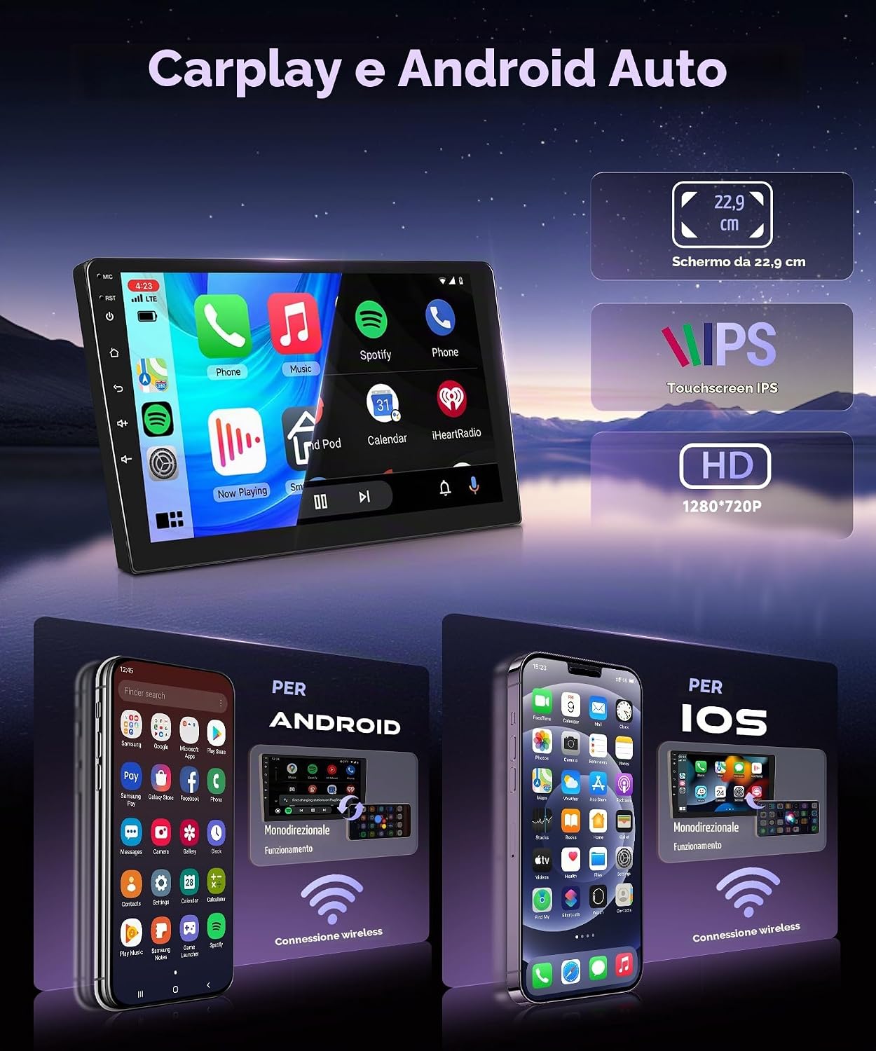 Carplay and Android Auto Interface: Displaying the 9-inch IPS HD touchscreen with wireless connectivity for both Android and iOS devices.