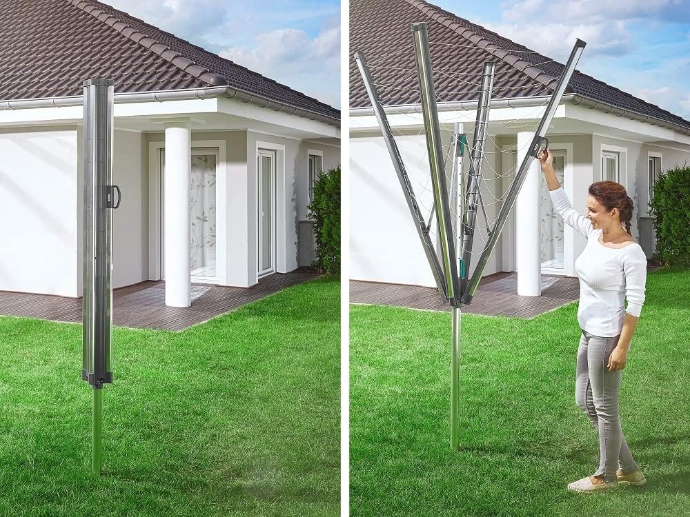 Leifheit Tendedero Rotatorio Linomatic 600 Plus, 60 m Retráctil | Altura regulable 1,09-1,75 m, tensor integrado, 8 ganchos para perchas, antracita, resistente a UV e intemperie