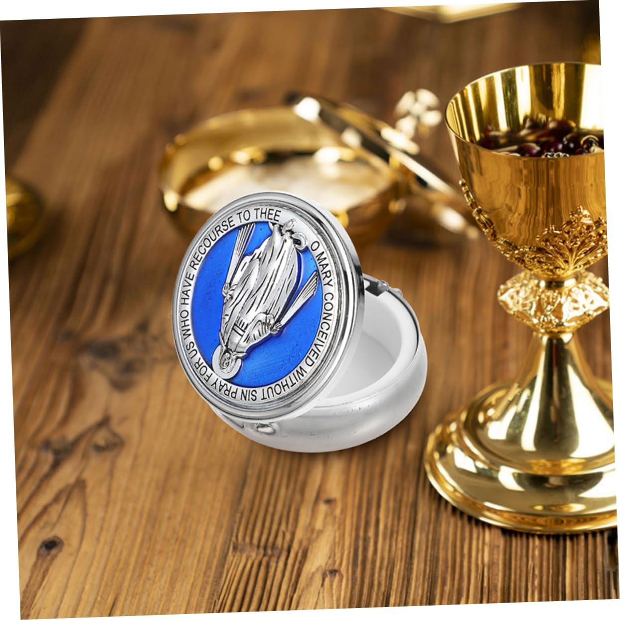 VICASKY 2Pcs Religious Souvenir Chest Elegant First Holy Communion Rosary Box with Mirror Sturdy Metal Round Storage Case Jewelry Organizer for Catholic Prayer Beads