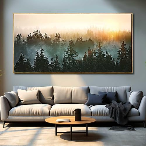 Miniatura 7 de YJYart Lienzo Grande de Bosque Brumoso Arte de Pared Pintura de Paisaje de Montaña 30x60 Pulgadas Arte de Pared Enmarcado para Dormitorio Sala de