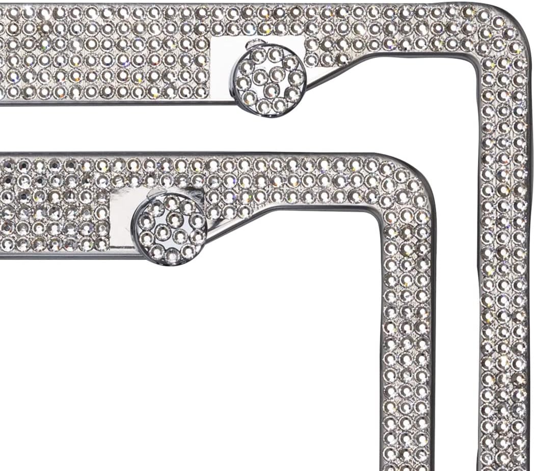 Strass Double License Plate Frame Set, Glass Rhinestones, Stainless Steel, for Dazzling Car Owners, Silver, Standard Size, Set of 2
