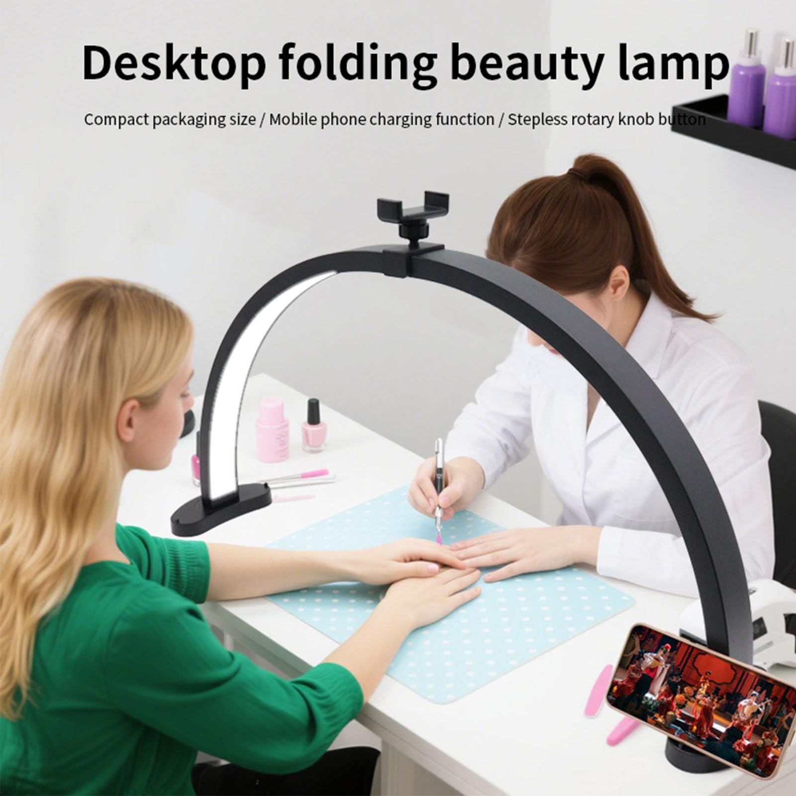 Fafeicy Lampada da Scrivania a LED a Mezzaluna, Lampada da Scrivania Professionale per Unghie con luminosità e Temperatura Colore Regolabili, Luce da Salone Dimmerabile da 28 (Spina europea)