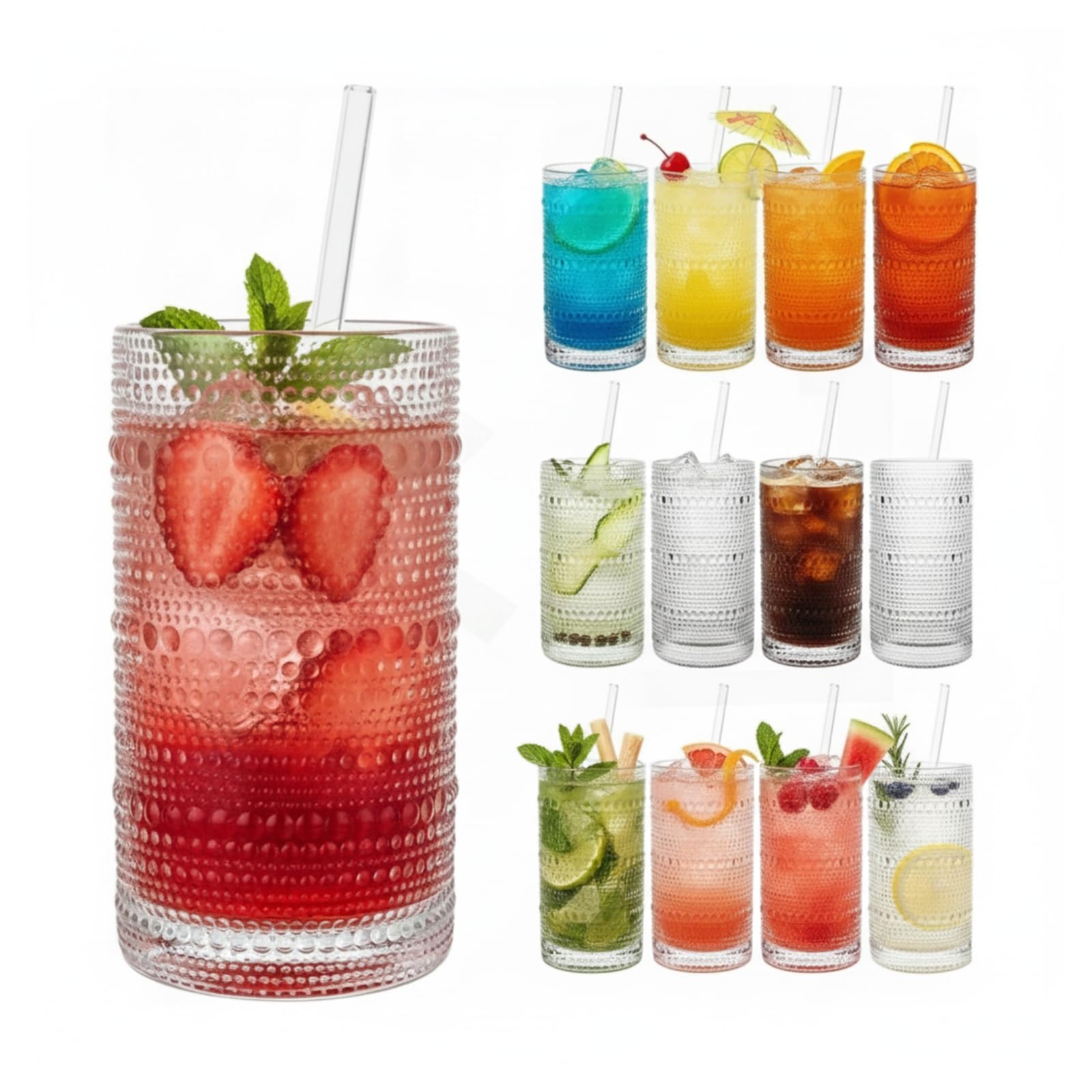 12-Piece Hobnail Drinking Glasses Set, 12 oz Large Vintage Highball Glassware with Straws, Heavy Textured Beaded Tall Tumblers for Water, Juice, Soda &amp; Cocktails, Clear Retro Barware, Dishwasher Safe