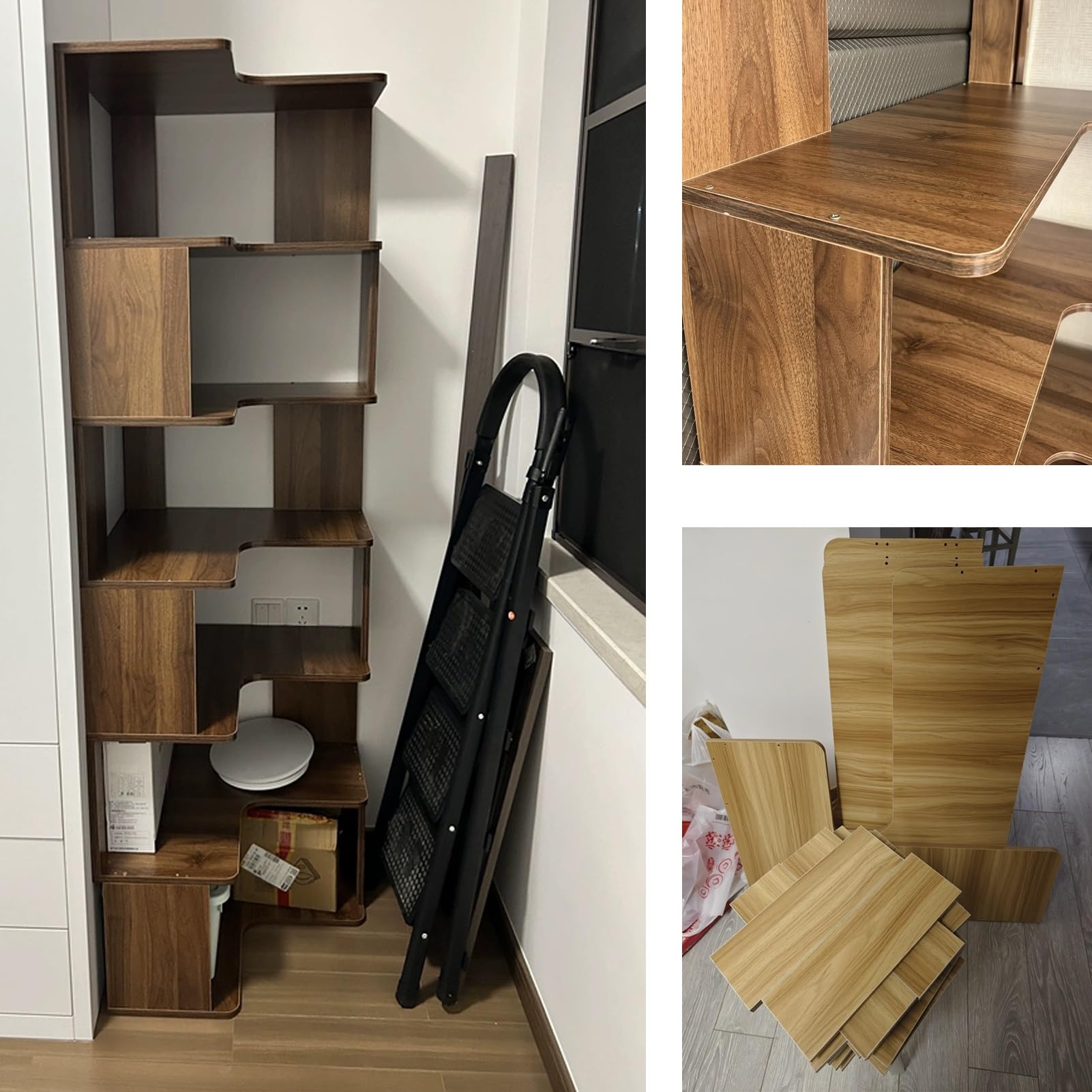 Libreria angolare a forma di L, espositore in legno massello, libreria da pavimento con pannello anti-goccia, per spazi ristretti (128 cm)