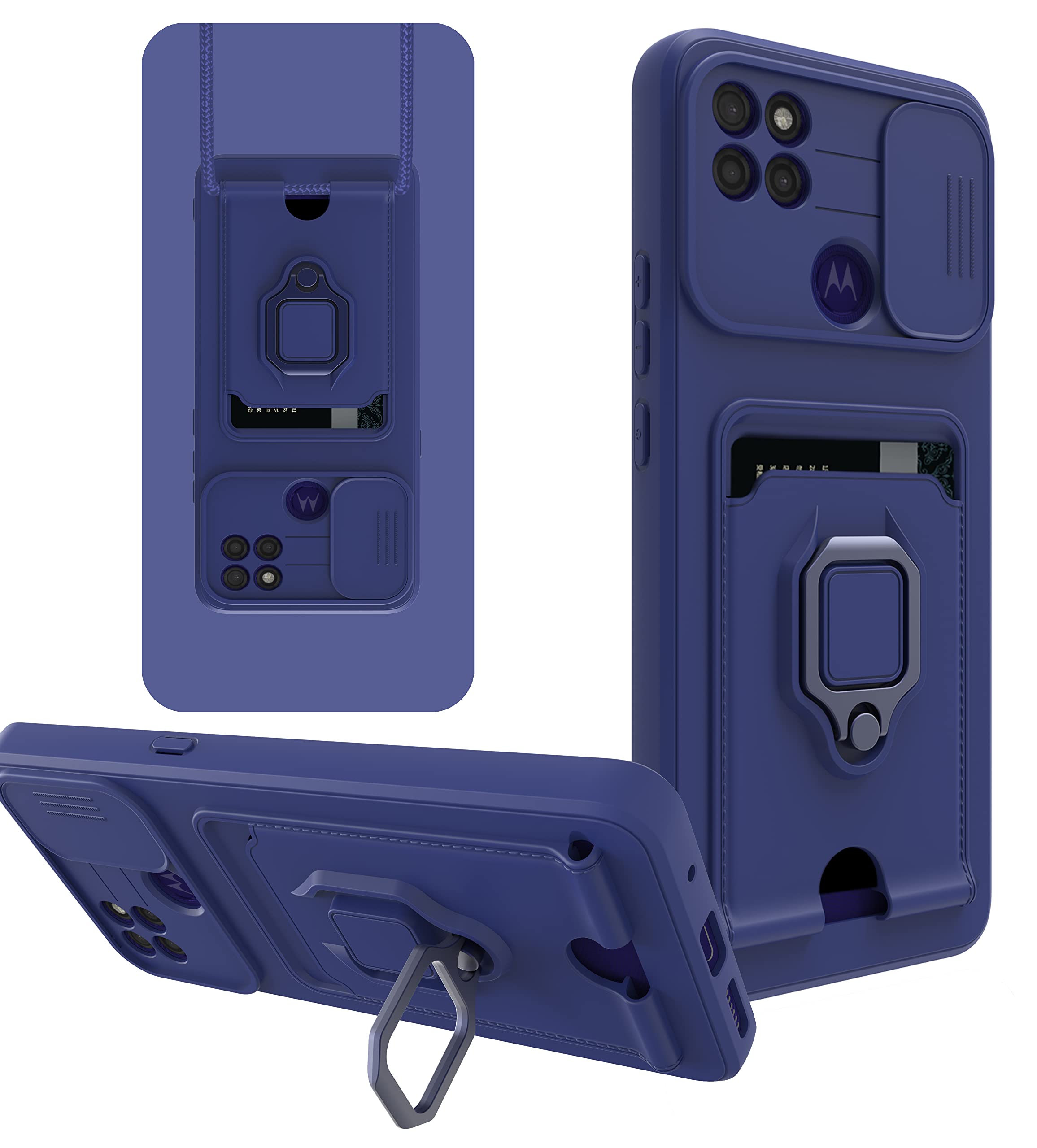 Shinycase Blue For Motorola Moto G9 Power Phone Case Premium Bumper Case With Slide Camera Cover And Ring Kickstand Card Slot Lanyard Silicone Tpu Shockproof Phone Case For Motorola Moto G9 Power,