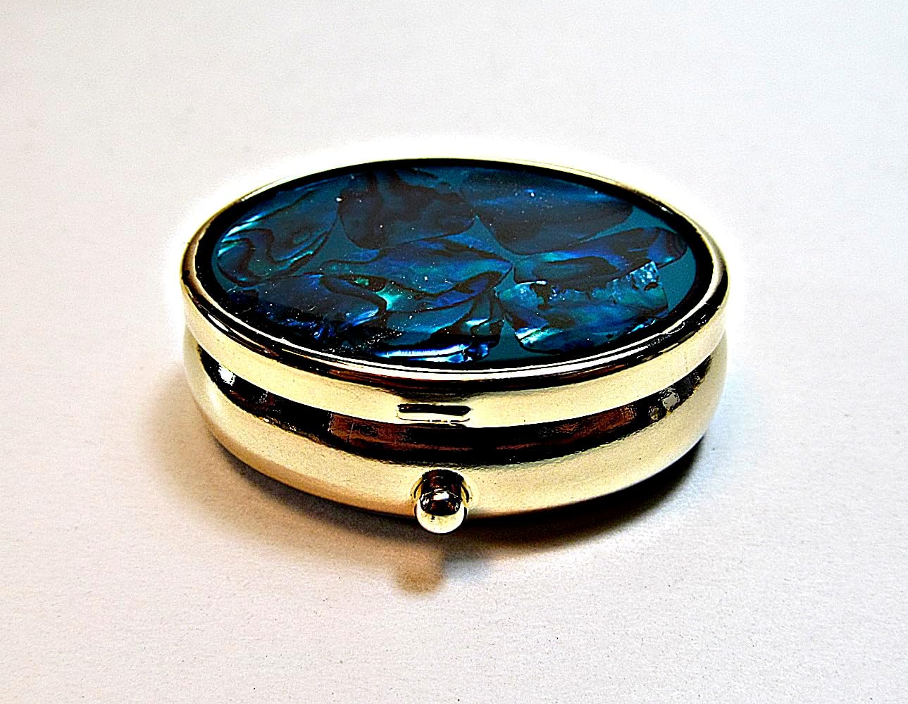 Travel-Size Pill Box Made with Brass and Mother Pearl Shell for Carry Pills and Small Jewelry.