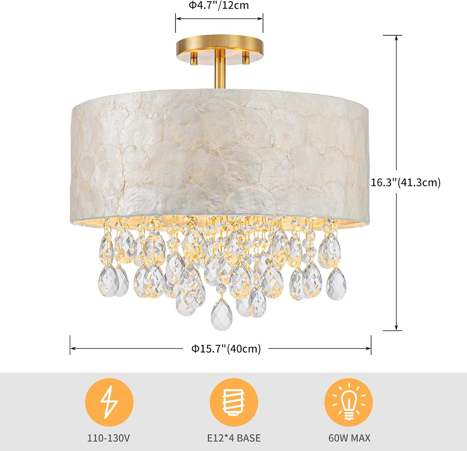 LumFurn 4-Light Drum Capiz Shell Crystal Chandeliers, Coastal Design Semi-Flushmount Ceiling Light Fixture for Dining Room, Bedroom, D16xH16 inch, Shell Lampshade & Gold Finish Gold Close to Ceiling