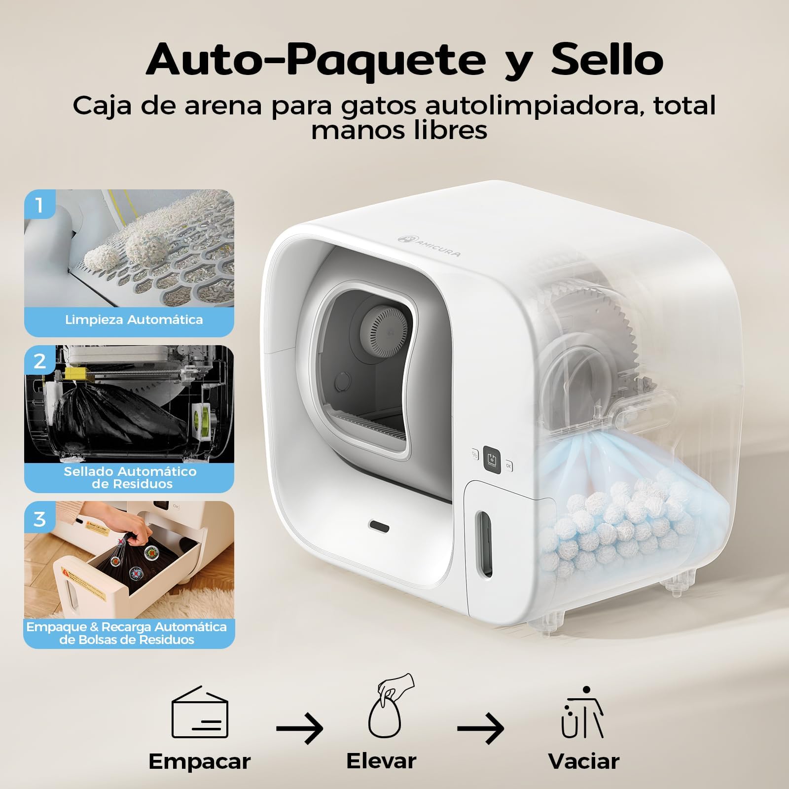 Arenero Gatos Autolimpiable, Cura 3 Arenero Autolimpiable para Gatos con Sistema de Empaquetado Automático, Certificación de Seguridad TUV (7 Sensores), Control de Olores y Funcionalidad de App