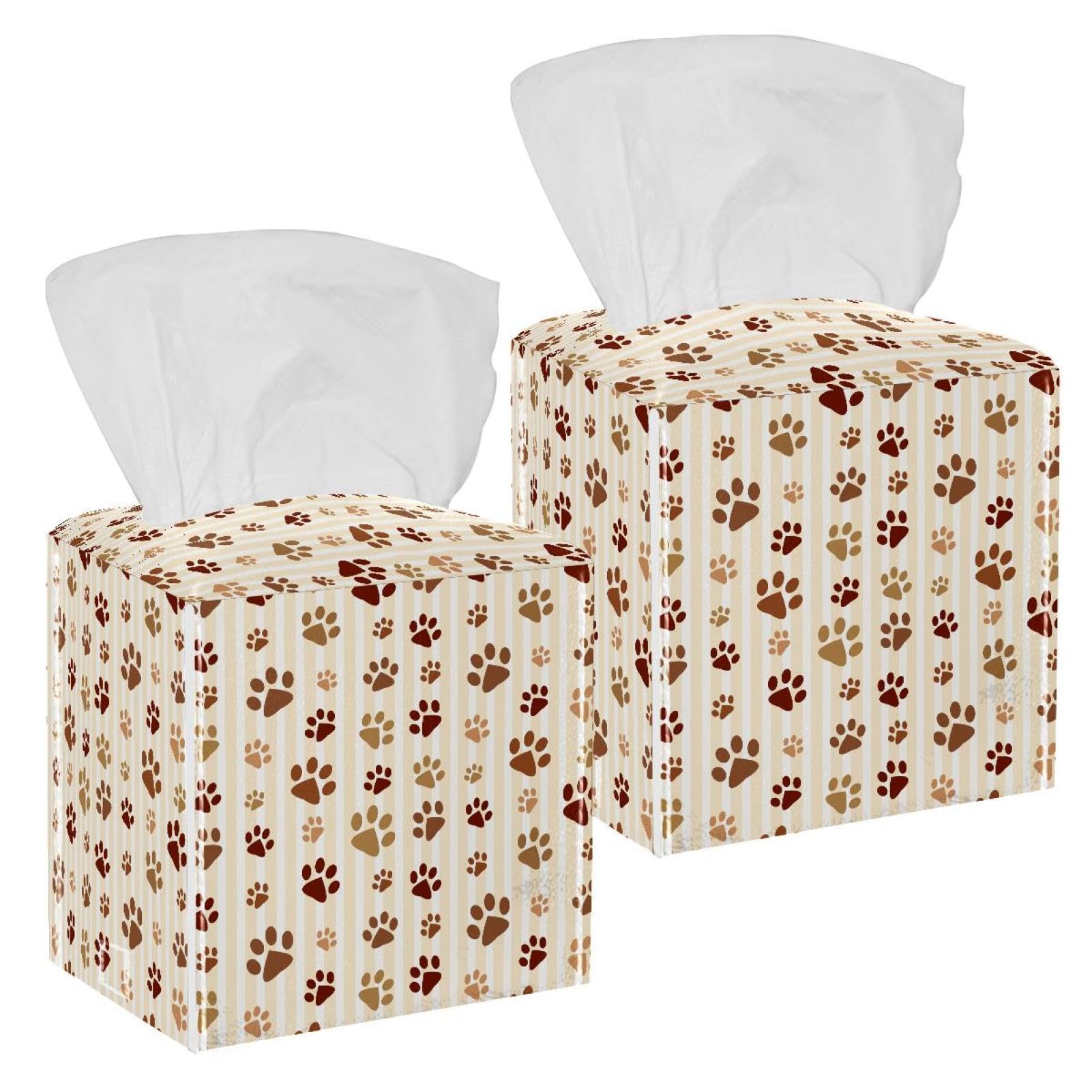 Dog Paws Tissue Box Cover, 2 Pack PU Leather Square Facial Tissue Dispenser Box holder for Home Office Car