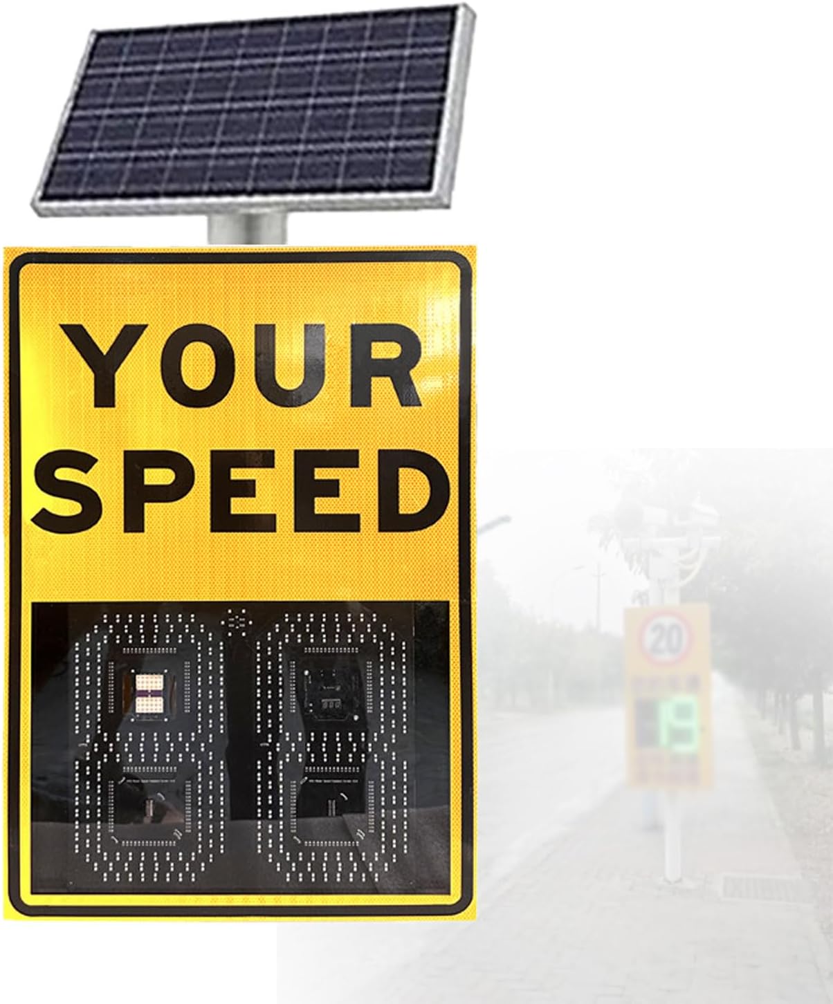 Radar Speed Sign, Solar Panel/Mains Electricity, Speed Display with Waterproof, Easy to Mount, Four Lanes of Speed Measurement Yellow-50 * 70cmSolarenergy