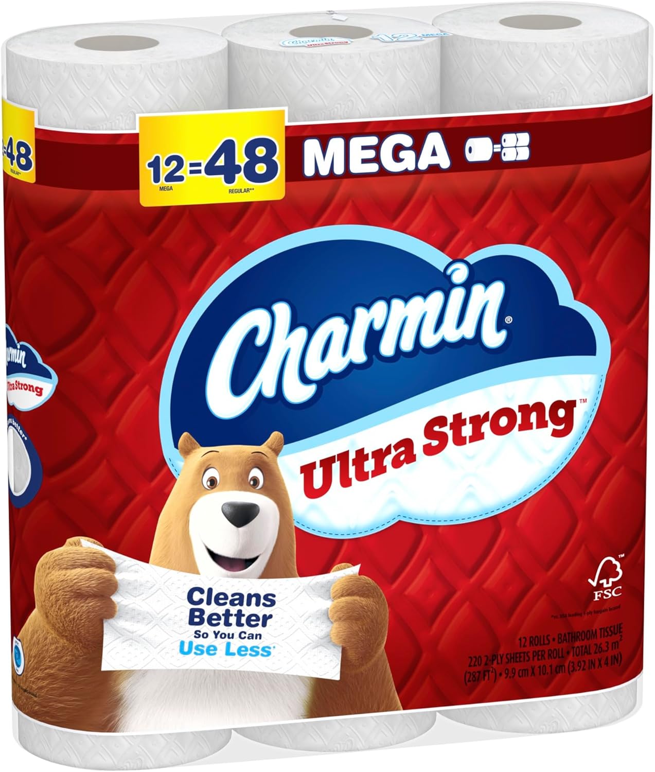 Charmin Ultra Strong Toilet Paper Mega Rolls, 4" x 3-15/16", White, 220 Sheets Per Roll, Pack Of 12 Mega Rolls