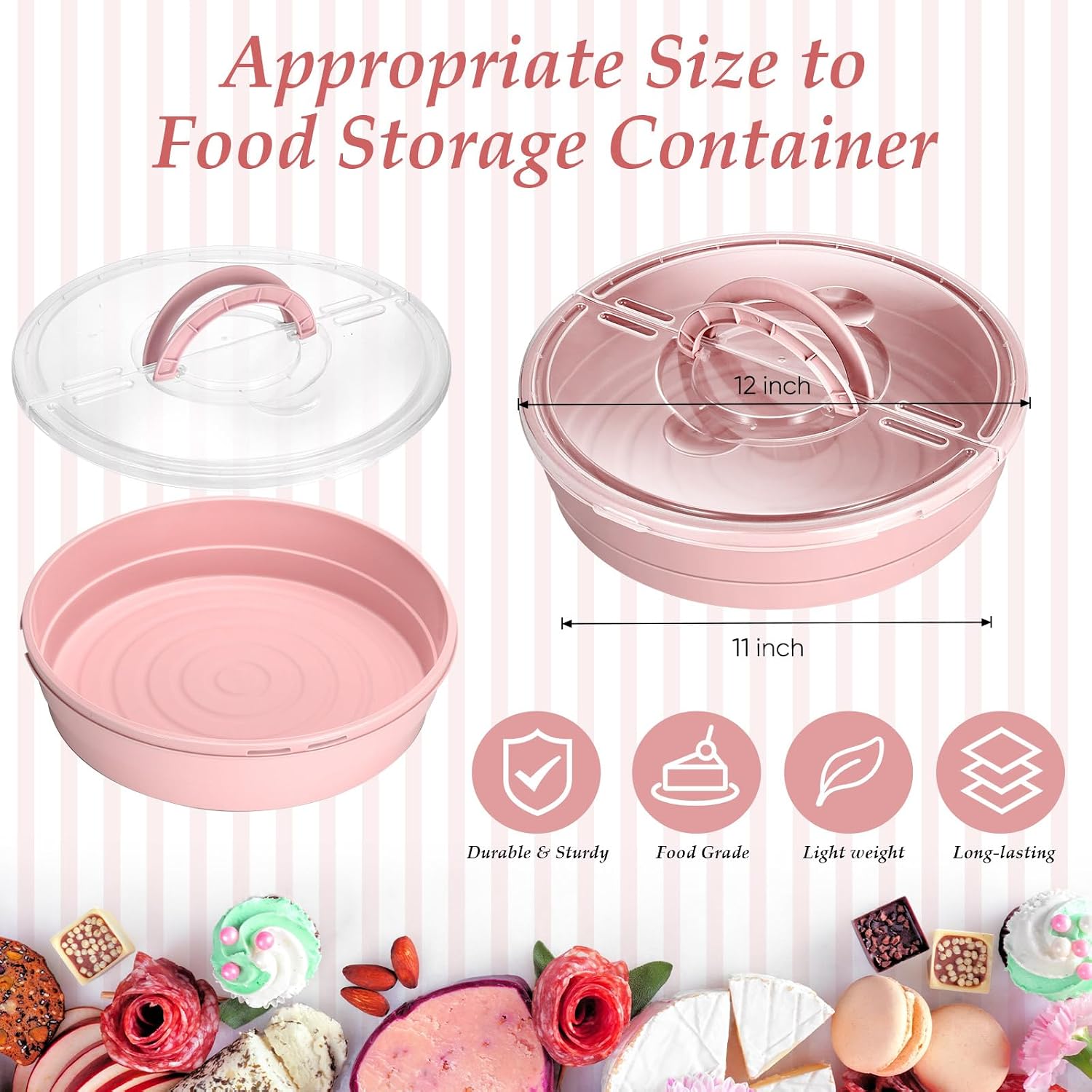 2 Pcs 12'' Pie Containers with Lids and Handle, Plastic Pizza Carrier with Cover Airtight Food Storage Reusable Cake Keeper Holder for Cheesecake Cookie Desert Tortilla Pastry(Pink)