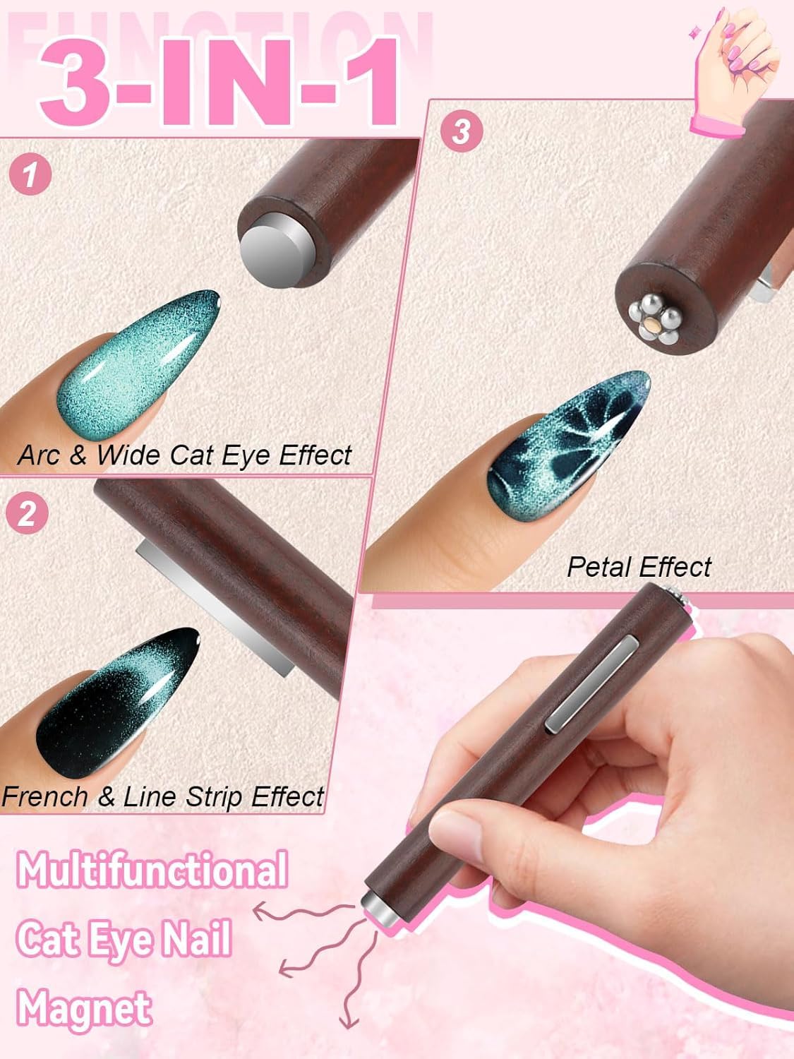 TOROKOM 54PCS Magnétique Cat Eye, 3-en-1 Aimants pour Œil-de-Chat pour Vernis Magnétique, Baguettes Magnétiques Puissantes pour Effets œil-de-chat, accessoires de nail art DIY