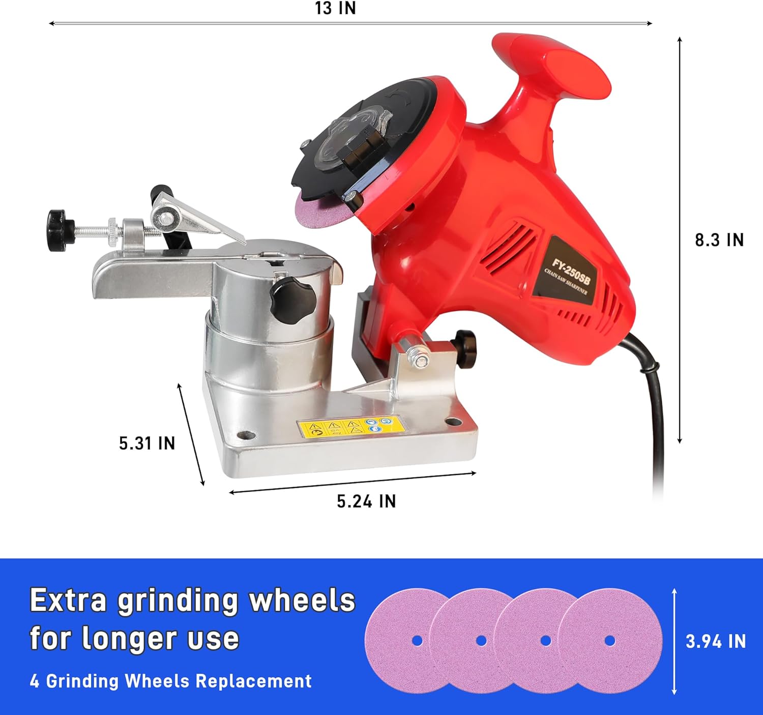 Electric Chainsaw Sharpener, 250W Chain Saw Sharpener Tool with 4 Grinding Wheels, 8400 RPM Chainsaw Chain Grinder with Adjustable Angle for Chains from 1/4'' to 3/8'' Pitch for Home Professional Use