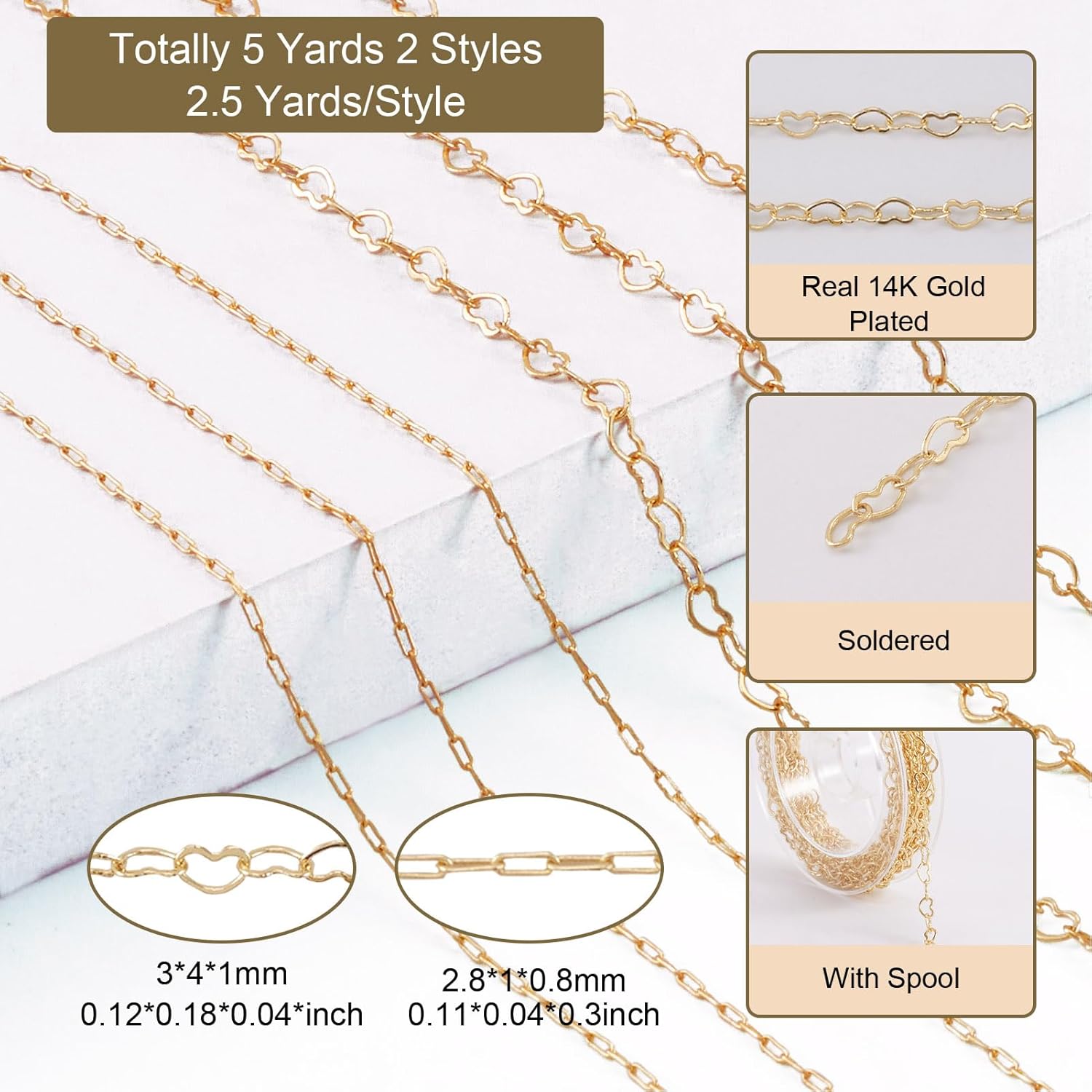Pandahall 2 Rolls 14K Gold Plated Heart Link Chains Small Link Cable Chains 5 Yards Brass Gold Jewelry Chains for Permanent Jewelry Making Bracelet Necklace - Image 2