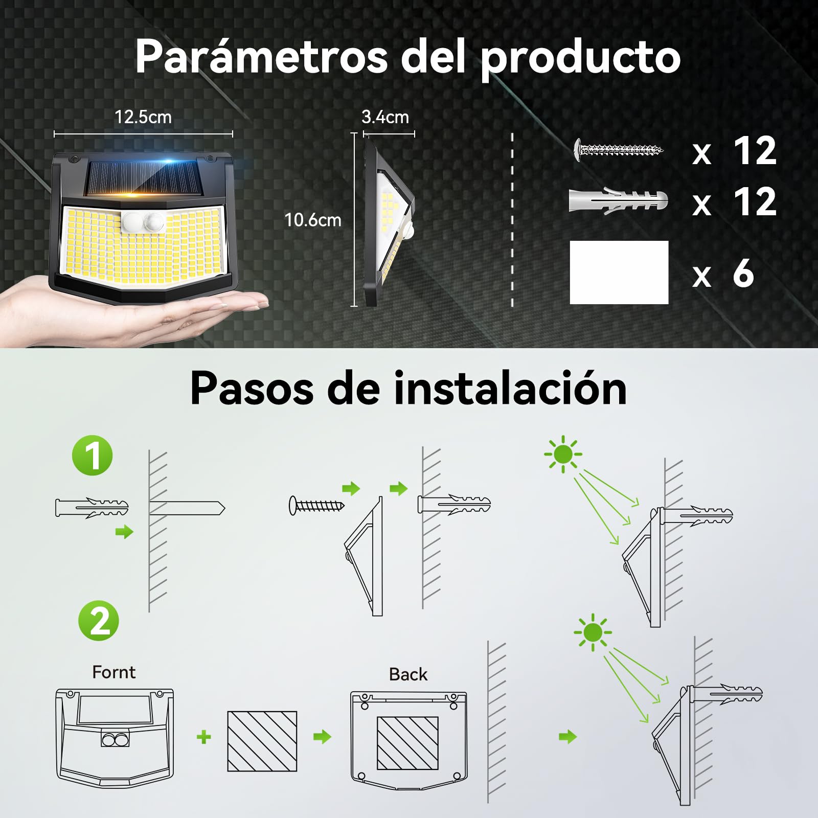 Luci LED Solare Esterno Giardino - 248 LED Luce Esterne con Pannello Solari con Sensore da Movimento 3 Modos 270° Illuminazione Lampada Solare da Esterni IP65 Impermeabile per Parete Garage 6 Pezzi