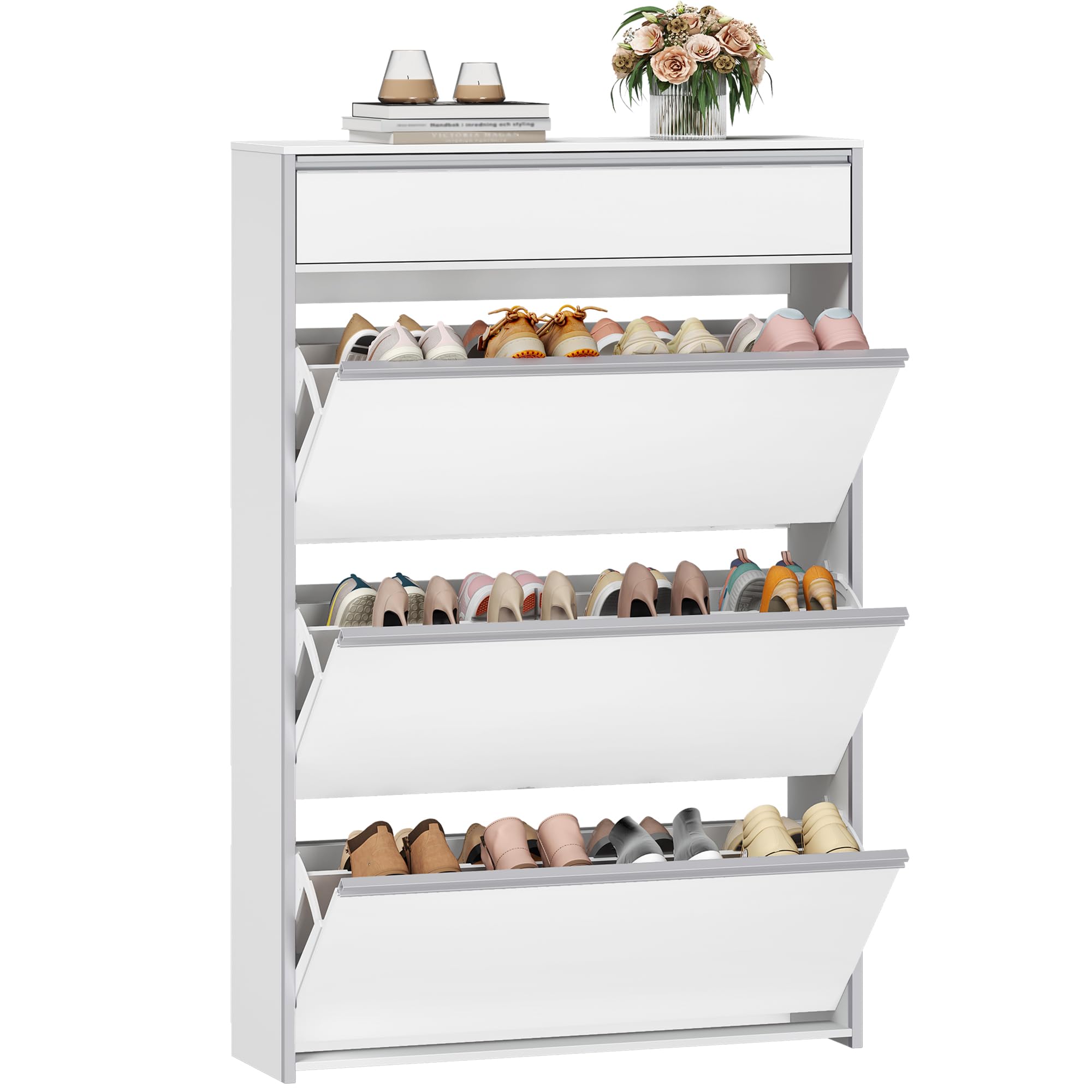 HEXCELEN Armario Zapatero Estrecho con 3 Puertas Abatibles, Zapatero con Cajón, Divisor Ajustable y Desmontable, para 18-24 Pares, para Pasillo, Entrada, 80 x 24 x 137,5 cm, Blanco-Plata