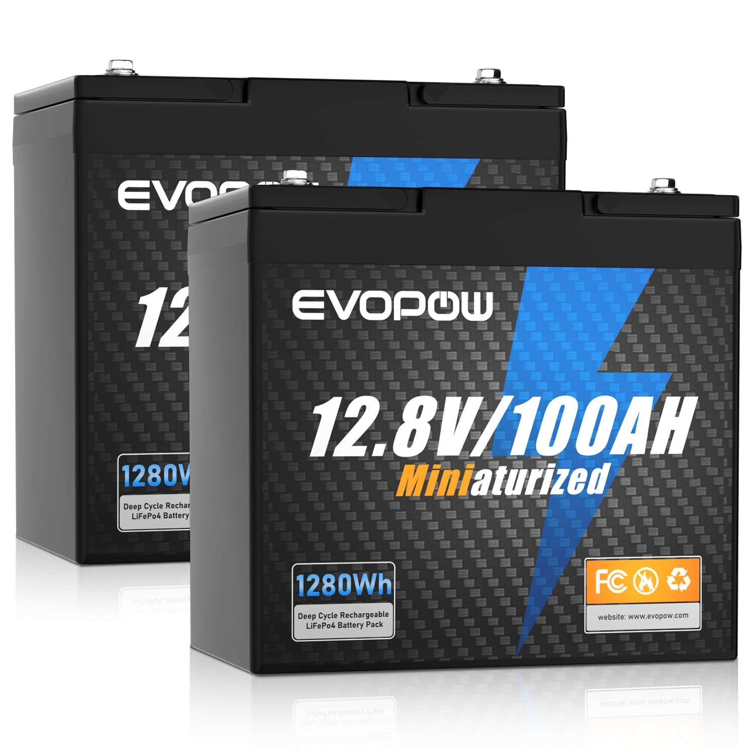 2 Pack 12V 100Ah Mini LiFePO4 Battery, Smaller than Group 24 Built in 100A BMS, 4000-15000 Deep Cycles, 10-year Lifetime Rechargable for RV, Trolling Motor, Solar, Camping, Marine, Home Energy Storage