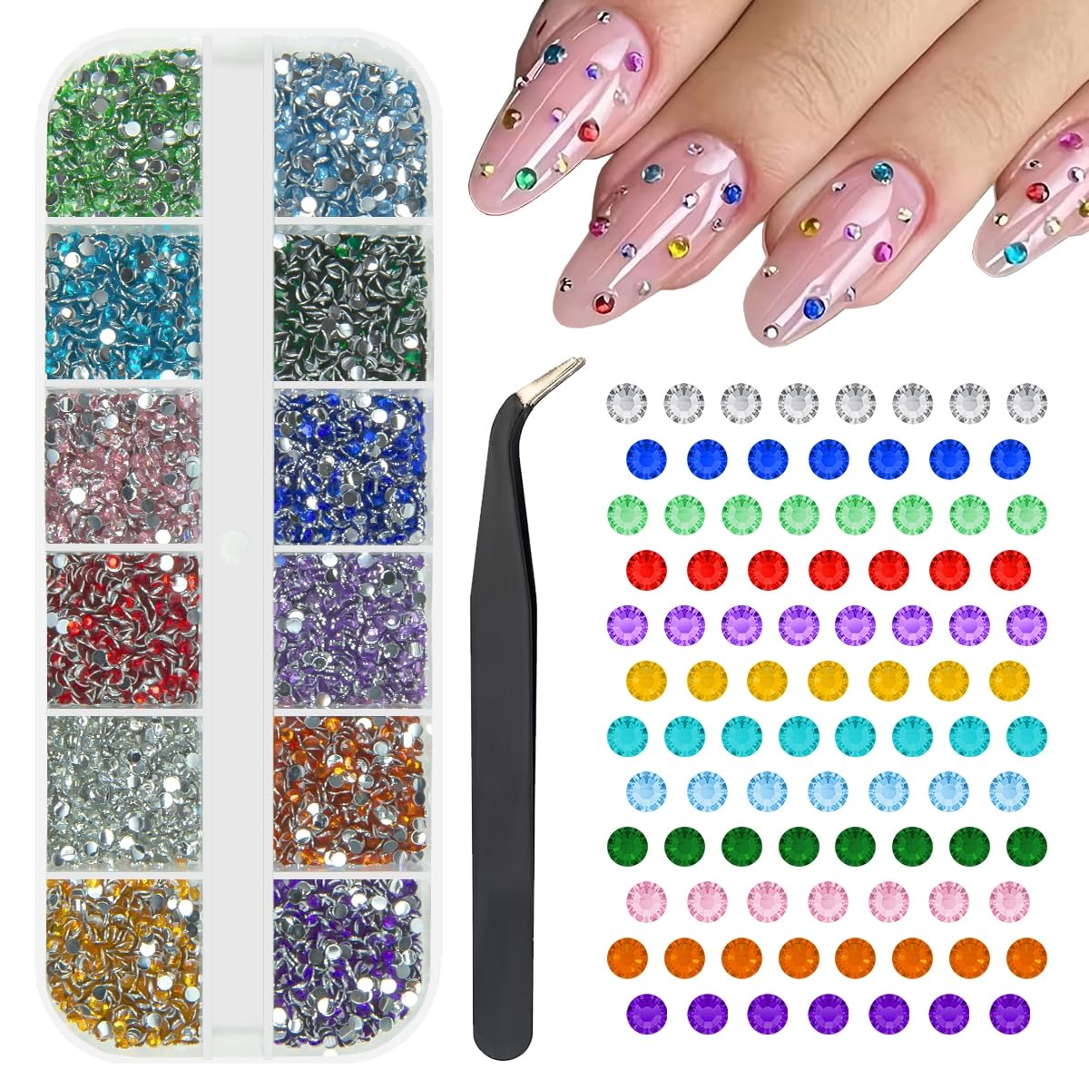 qiipii 12 Colors 2mm Small Crystal Resin Rhinestones Rainbow Colorful Flatback Tiny Stones Gems Diamonds Crystals Charms for Nails Eyes Face Makeup Crafting Tumblers Bottles DIY Crafts Shoes Clothes-image-48