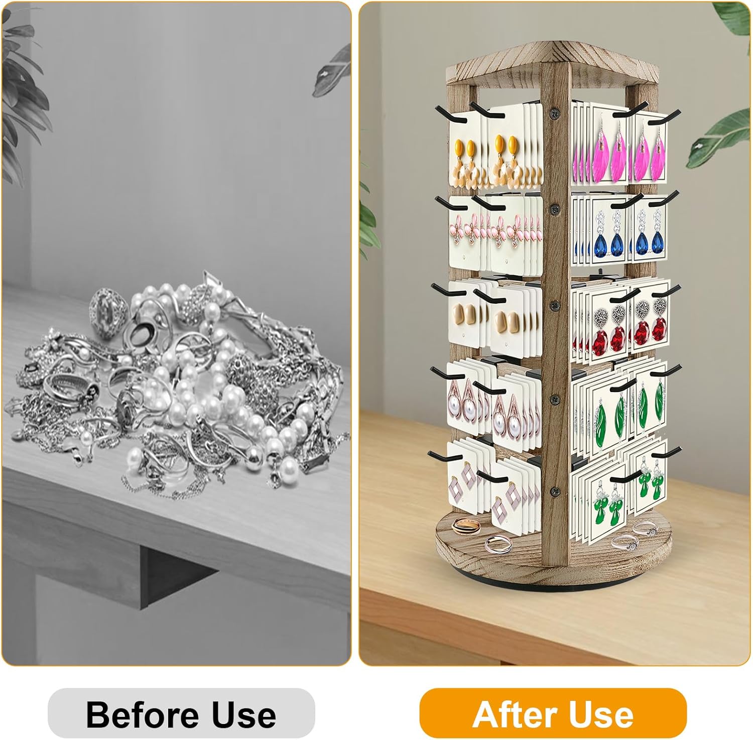 Wood Rotating Earring Display for Vendors, Wooden Jewelry Display for Vendors with 30 Removable Hooks 5 Tier Tabletop Necklace Display Stand Key Chain Display