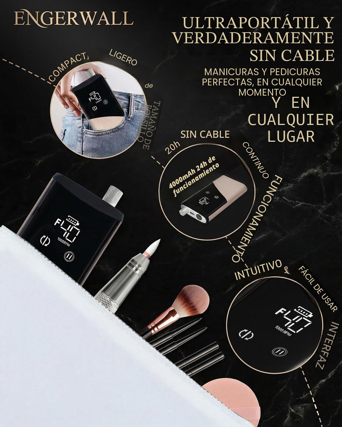 Torno para Uñas Profesional con Motor Brushless 40000 RPM, Autonomía 24H Lima Eléctrica Inalámbrica para Uñas Gel y Acrílico, Pantalla Táctil HD, Kit 13-en-1, Oro Rosa Cepillado | Motor Brushless, 40000 RPM, Autonomía 24H, Aleación de Aluminio, Pantalla T