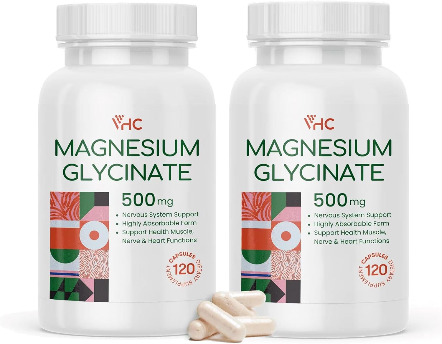 Magnesium Glycinate 500mg Supplement Capsules, High Absorption- Gentle Form,Highly Purified Magnesium Mineral Supplements for Women & Men, Made in USA (2 Bottles)